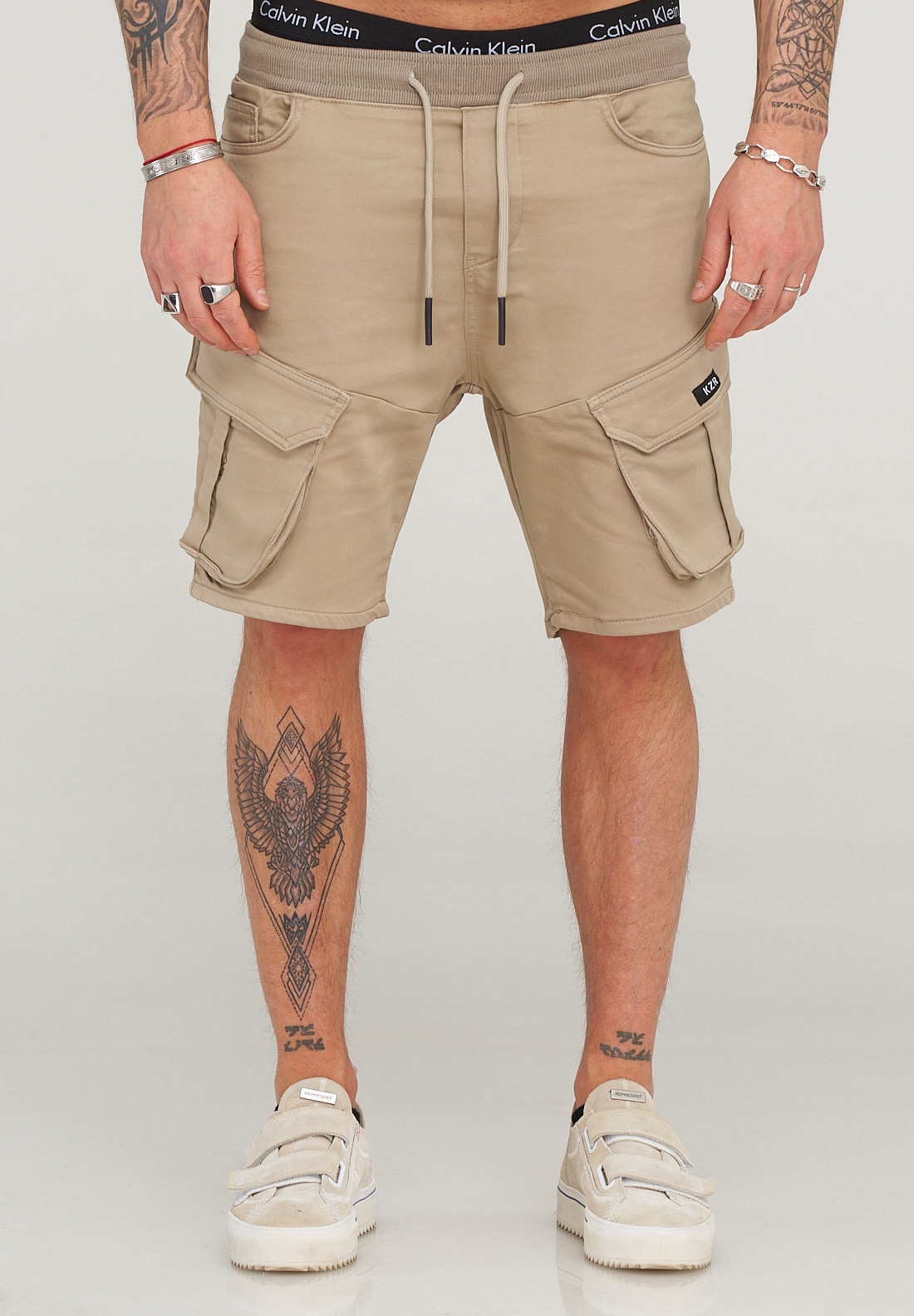 Shorts BEHYPE "STANLAY", Herren, Gr. M, EURO-Größen, beige, 74% Polyester, 24% Viskose, 2% Elasthan, Hosen Shorts, mit modischen Cargotaschen