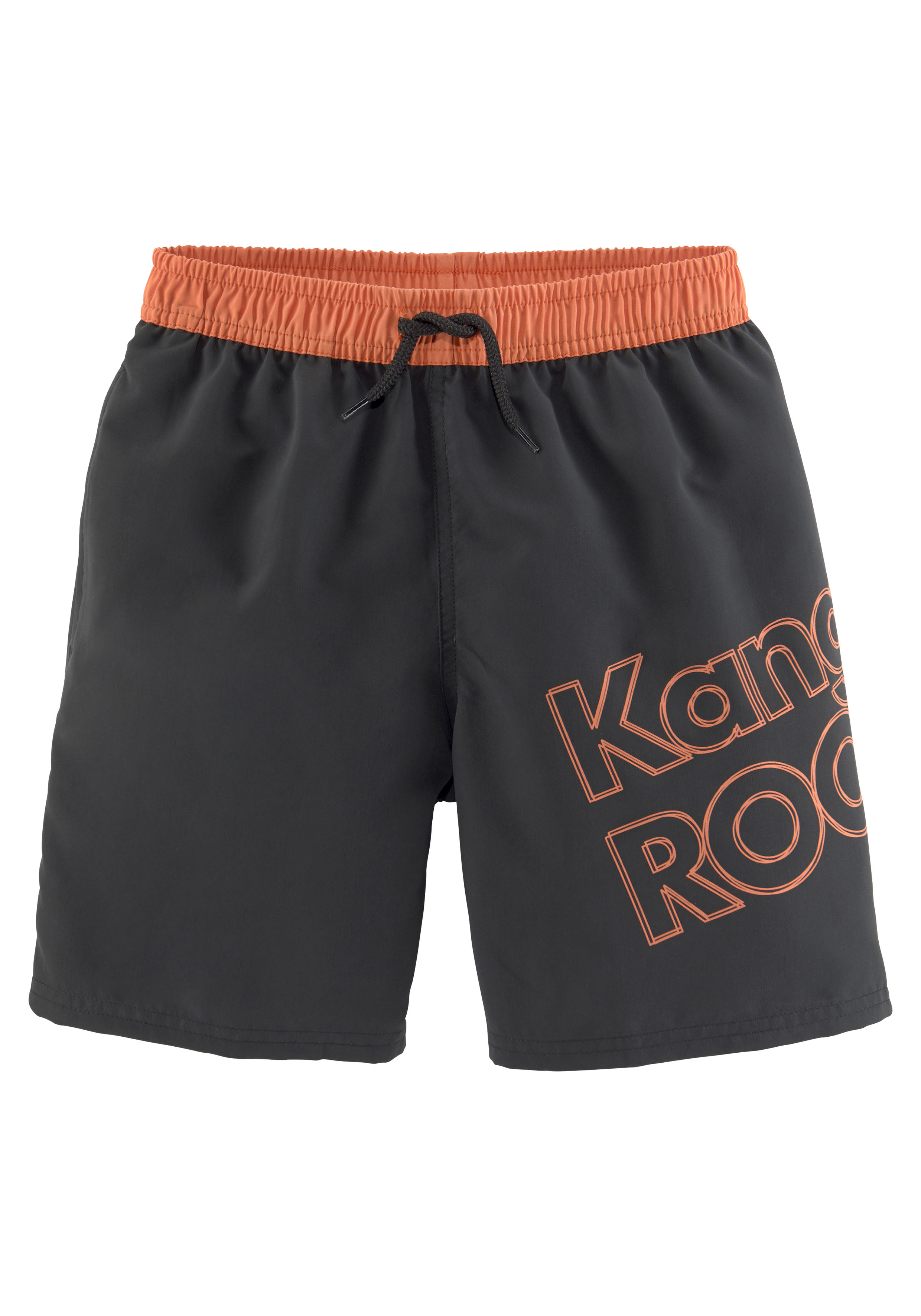Badeshorts KANGAROOS "Adams Kids", Kinder, Gr. 170/176, N-Gr, orange (schwarz, orange), Microfaser, Polyester, unifarben mit Farbeinsatz, Badehosen, im Colorblocking-Design Image