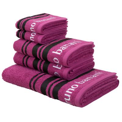 Handtuch Set BRUNO BANANI "Daniel, 1 Duschtuch 70x140, 2 Handtücher 50x100, 2 Gästetücher 30x50", lila (beere), 5 tlg., Walkfrottee, Walkfrottee, Obermaterial: 100% Baumwolle, Handtuch-Sets, Streifen-Bordüre & Markenlogo, 100% Baumwolle Image