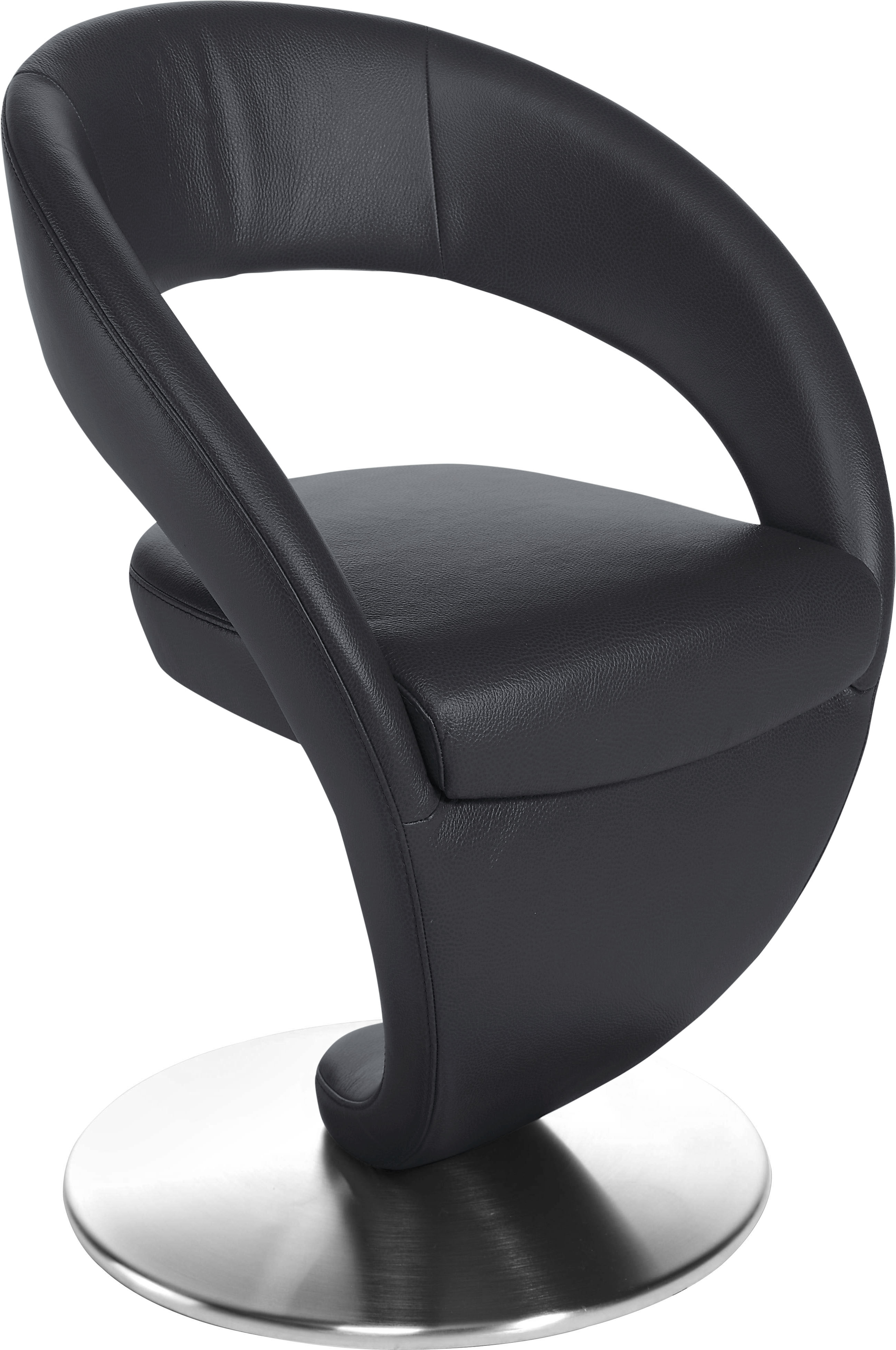 Drehstuhl K+W KOMFORT & WOHNEN "Wave", schwarz (nero, drehteller in edelstahloptik gebürstet), B:62cm H:86cm T:61cm, Bronco: Nappaleder pigmentiert, Dickleder, 1, 3/1, 5mm, mit rustikal gekörnten Narbenbild, Stühle, Drehstuhl Esszimmerstuhl,...