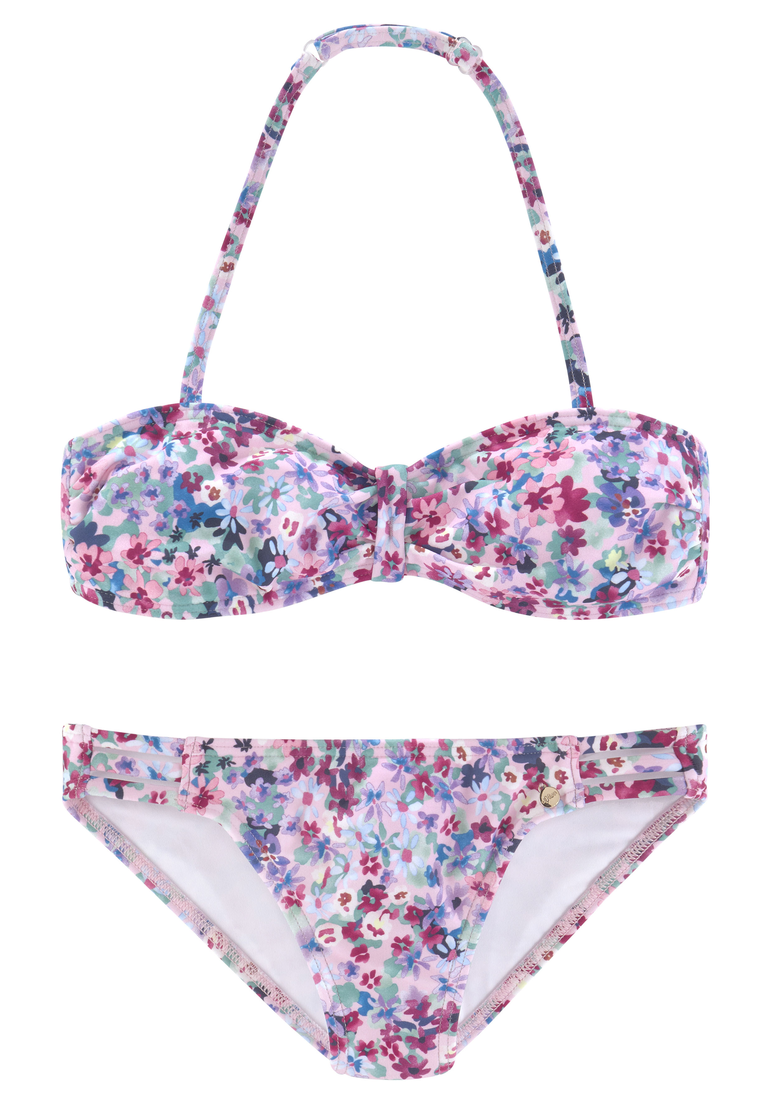Bandeau-Bikini S.OLIVER "Scatter Kids", Mädchen, Gr. 158/164, N-Gr, lila (lila, bedruckt), Polyamid, bedruckt, geblümt, Bikini-Sets, mit sommerlichem Blumendruck