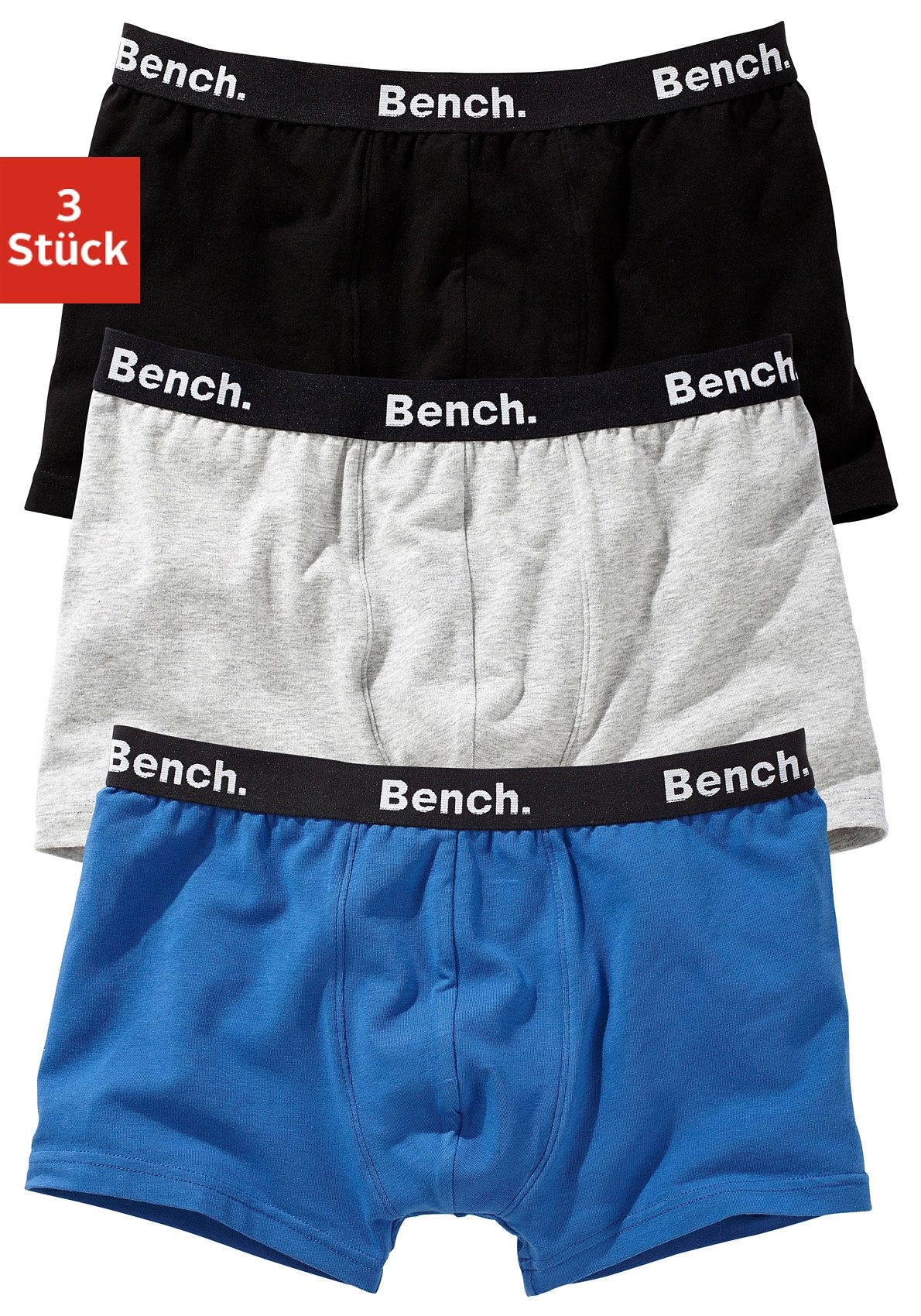 Boxer BENCH. "Boxershorts für Jungen", Kinder, Gr. 122/128, blau (schwarz, grau, meliert, blau), Jersey, Obermaterial: 92% Baumwolle, 8% Elasthan (LYCRA), unifarben, körpernah, Unterhosen, mit Logo-Webbund Image