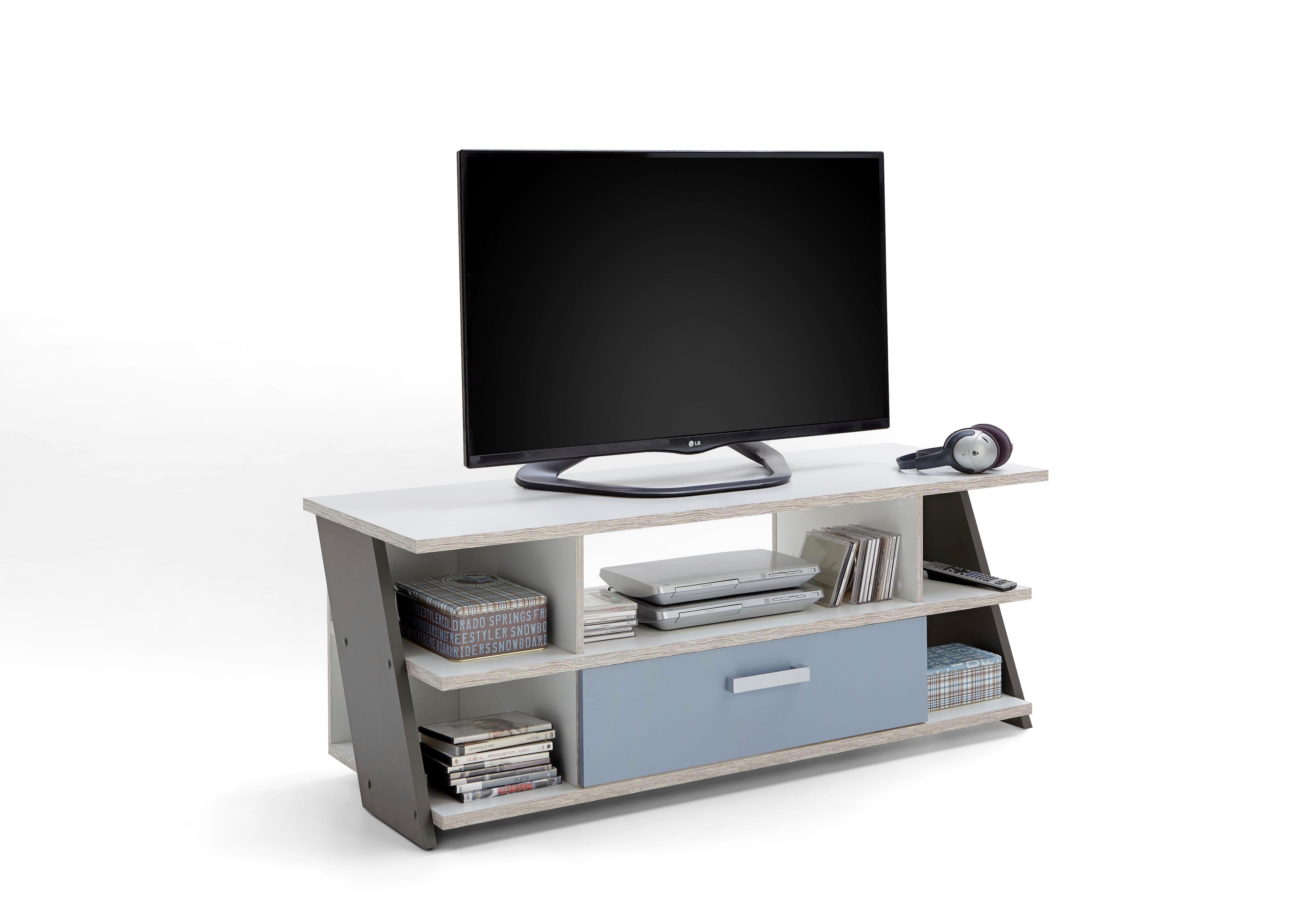 TV-Bank FMD "Nona", bunt (sandeichefarben, abgesetzt blau, lavafarben), B:135cm H:52cm T:50cm, Sideboards
