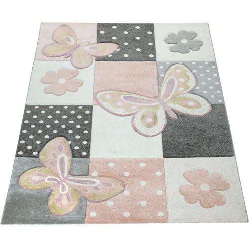 Kinderteppich PACO HOME ""Cosmo 220"" Teppiche Gr. B: 240cm, 12mm, L: 340cm, bunt (mehrfarbig) Kinder 3D-Design, Patchwork Muster, niedliches Motiv Schmetterlinge & Punkte