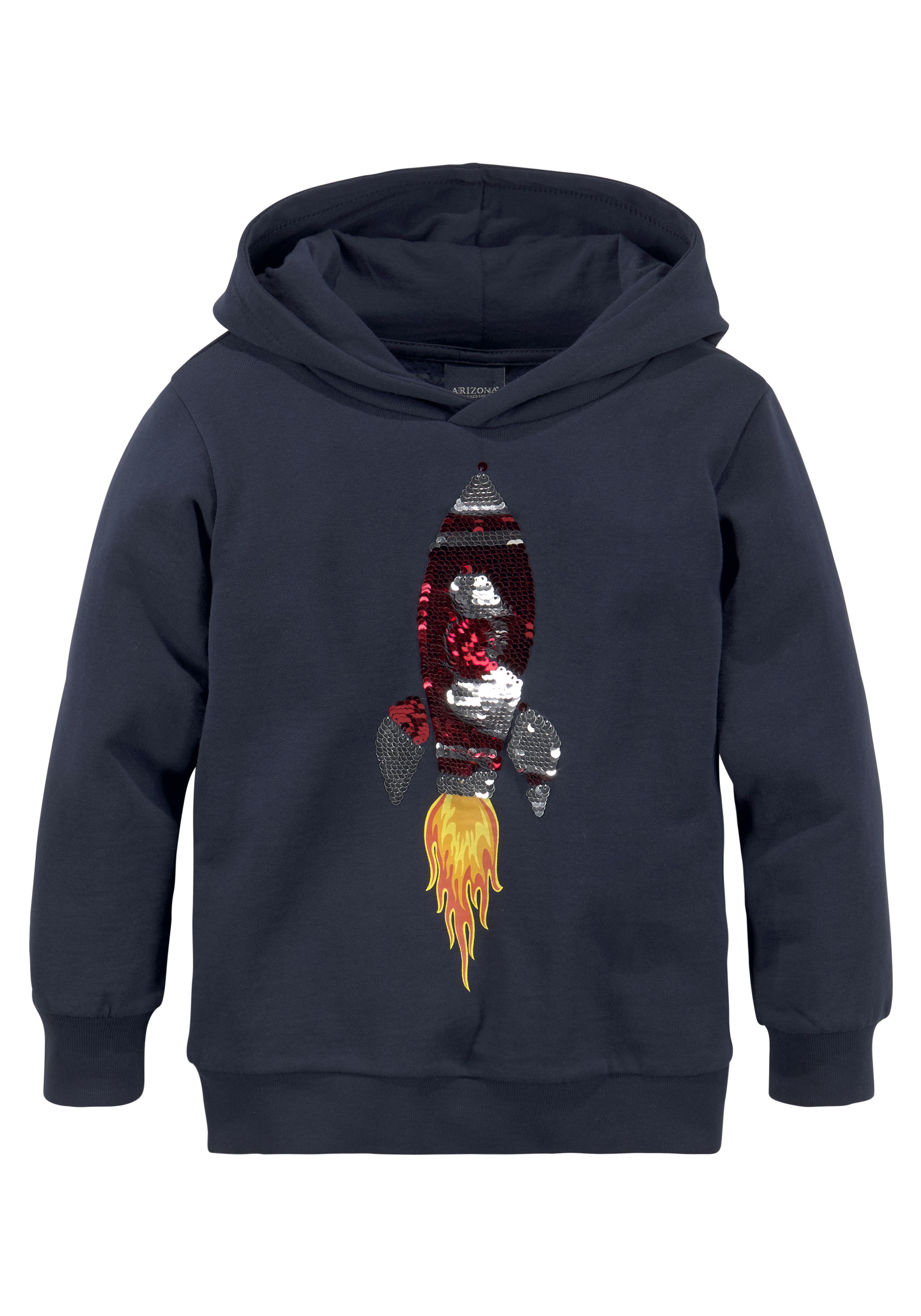 Kapuzensweatshirt KIDSWORLD "Rakete - Wendepaillette", Jungen, Gr. 104/110, blau (marine), Sweatware, Obermaterial: 100% Baumwolle, Glitzermuster, unifarben, Basic, Rippbündchen, Sweatshirts, lange Ärmel, Basic-Passform, aus Baumwolle, mit Rippbündchen Image