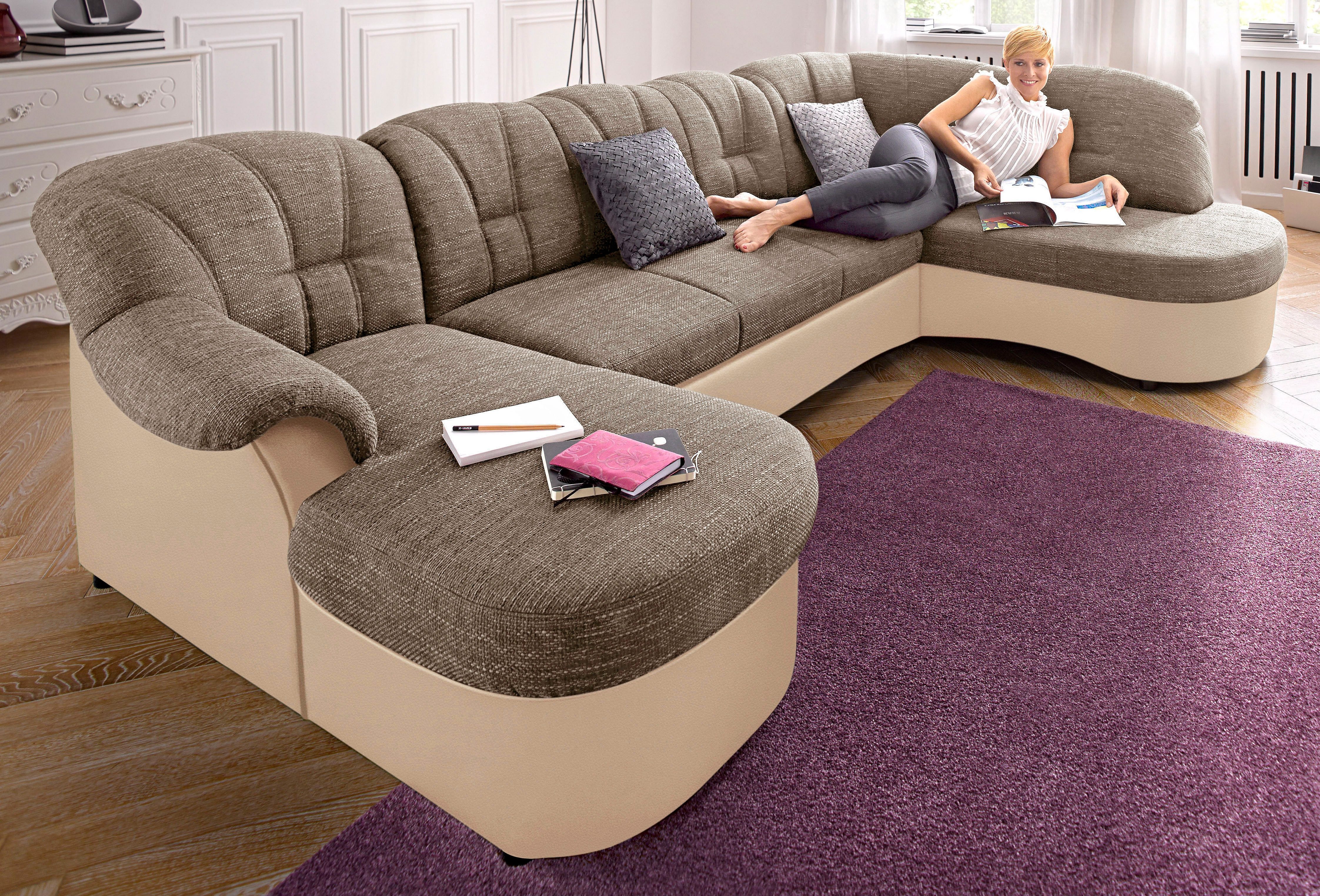 Wohnlandschaft DOMO COLLECTION "Flores auch in Leder-Bezug, B/T/H: 293/180/86 cm, U-Form", braun (creme, beige, braun), B:293cm H:84cm T:182cm, NaturLEDER (echtes Rindsleder) in Sitz und Rücken. Korpus in passendem Kunstleder SOFTLUX...