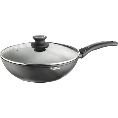 Wok PINTINOX "Power", schwarz (schwarz, transparent), H:7,6cm Ø:28cm, Pfannen, 2-lagige Antihaftbeschichtung, mit Glasdeckel, Ø 30 cm, Induktion