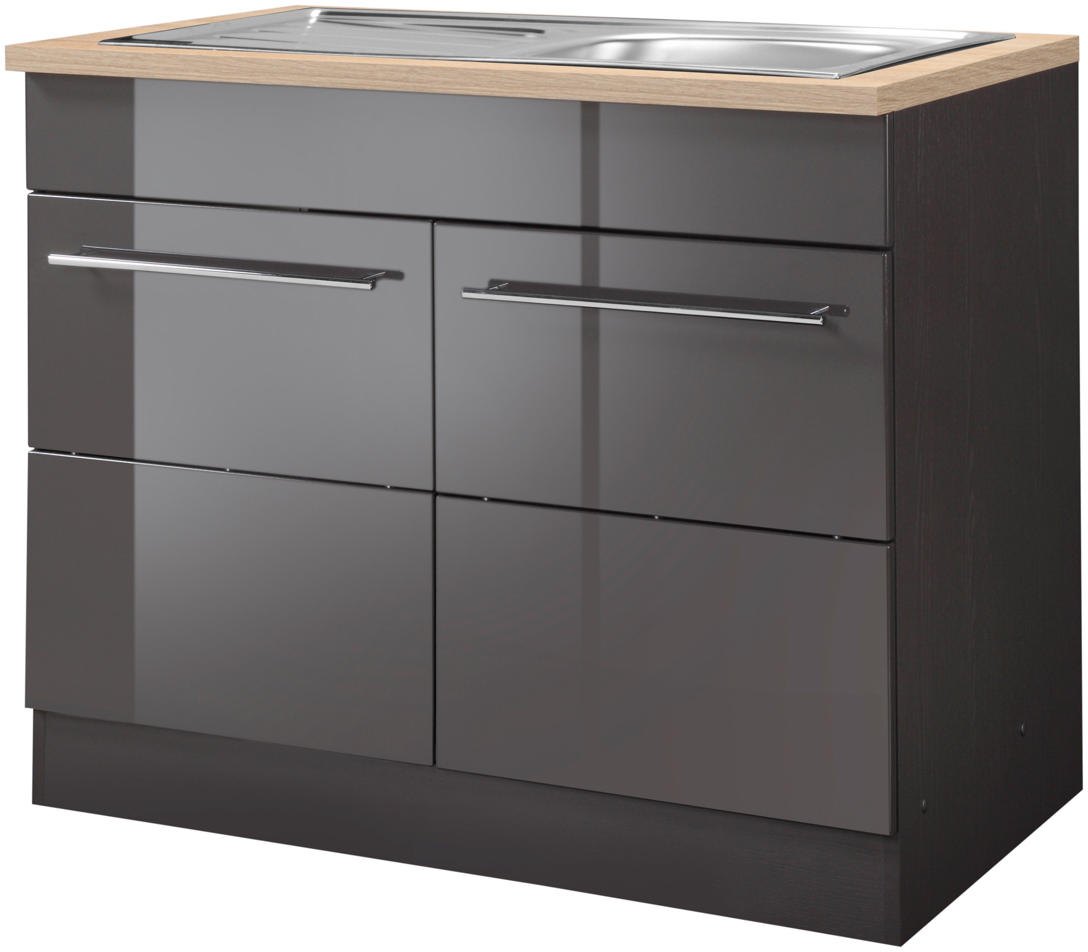 Spülenschrank KOCHSTATION "KS-Wien", grau (grau hochglanz), B:100cm H:85cm T:60cm, Holzwerkstoff, MDF, Schränke, Breite 100 cm, inkl. Einbauspüle Image
