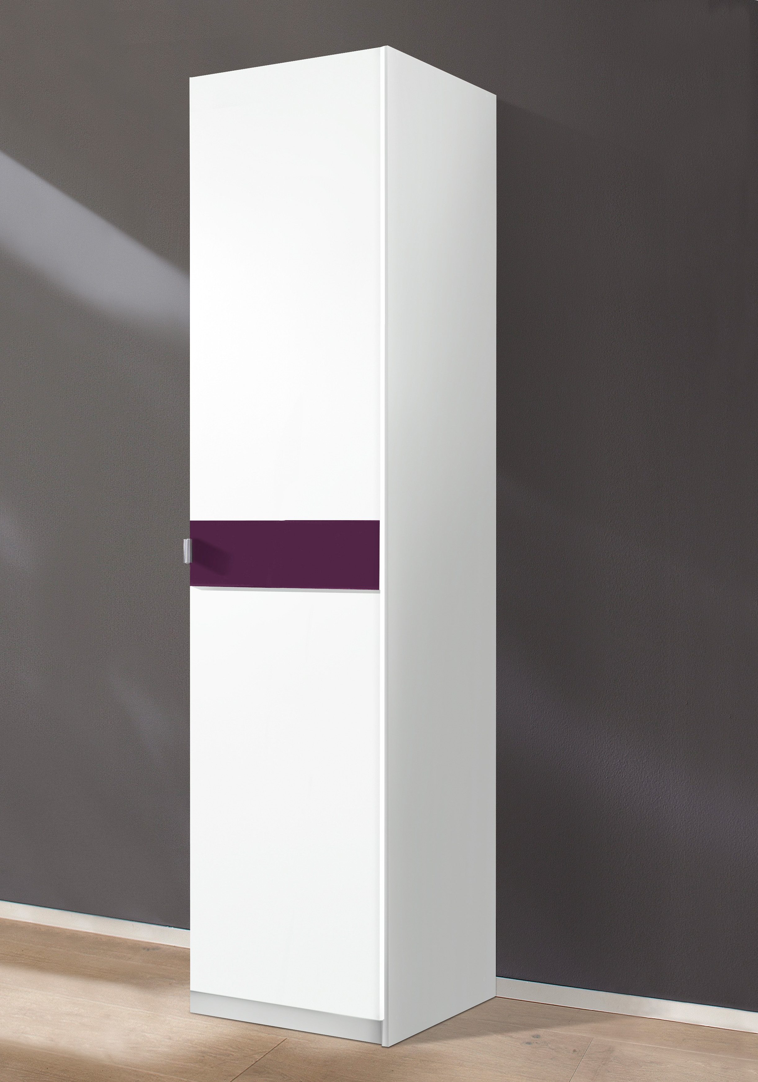 Kleiderschrank PRIESS "Drehtürenschrank Kleiderschrank Schrank Schlafzimmerschrank Madrid", weiß (weiß, brombeerglas), B:48cm H:193cm T:54cm, Holzwerkstoff, Schränke, Kleiderschrank, mit farbiger Glasauflage, erweiterbar mit Schrankaufsatz Madrid