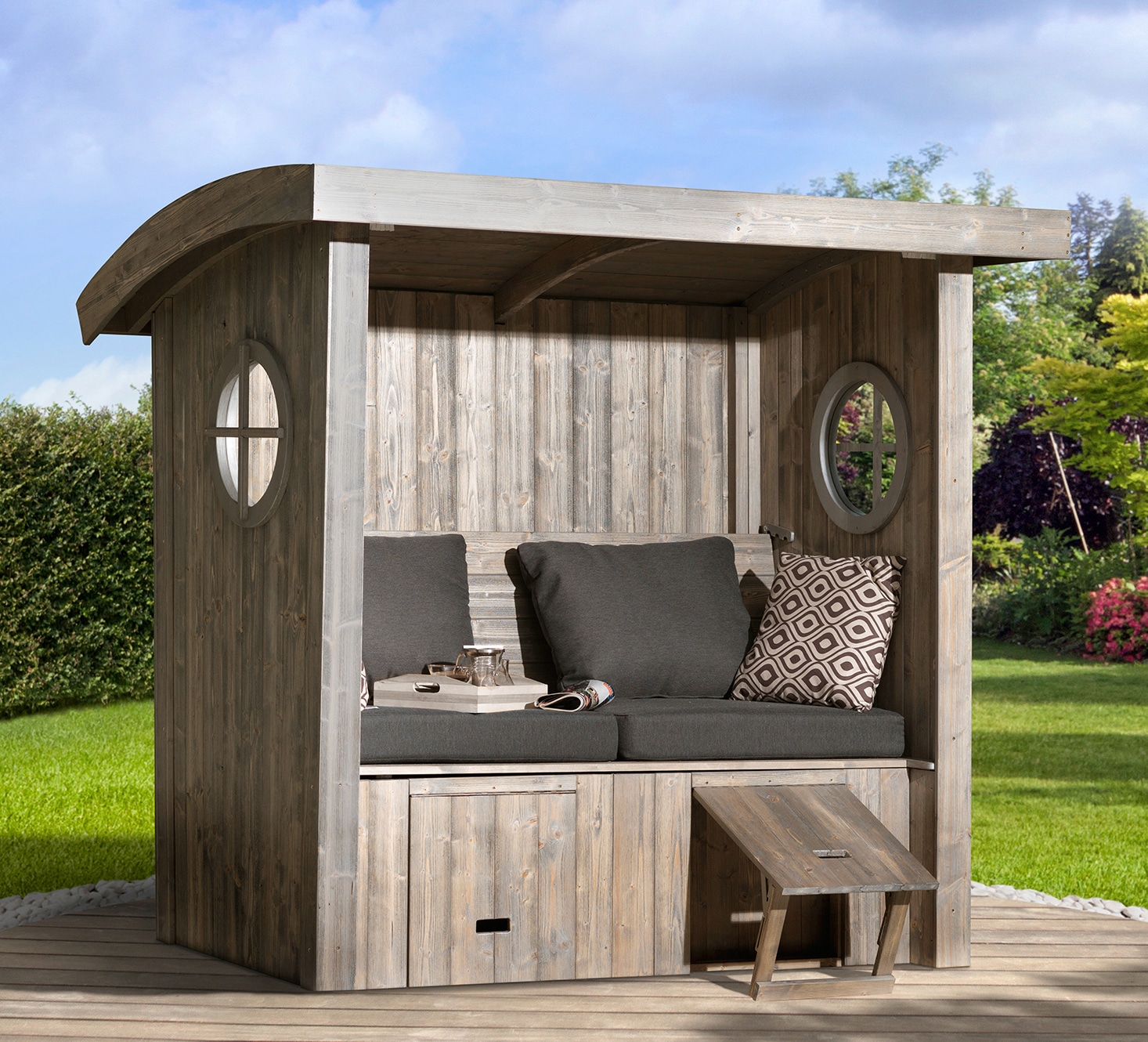 Sitzlaube WEKA "Merano", braun (korpus: grau bezug: grau), B:170cm H:192cm T:85cm, Strandkörbe, mit 6-teiliges Kissen-Set