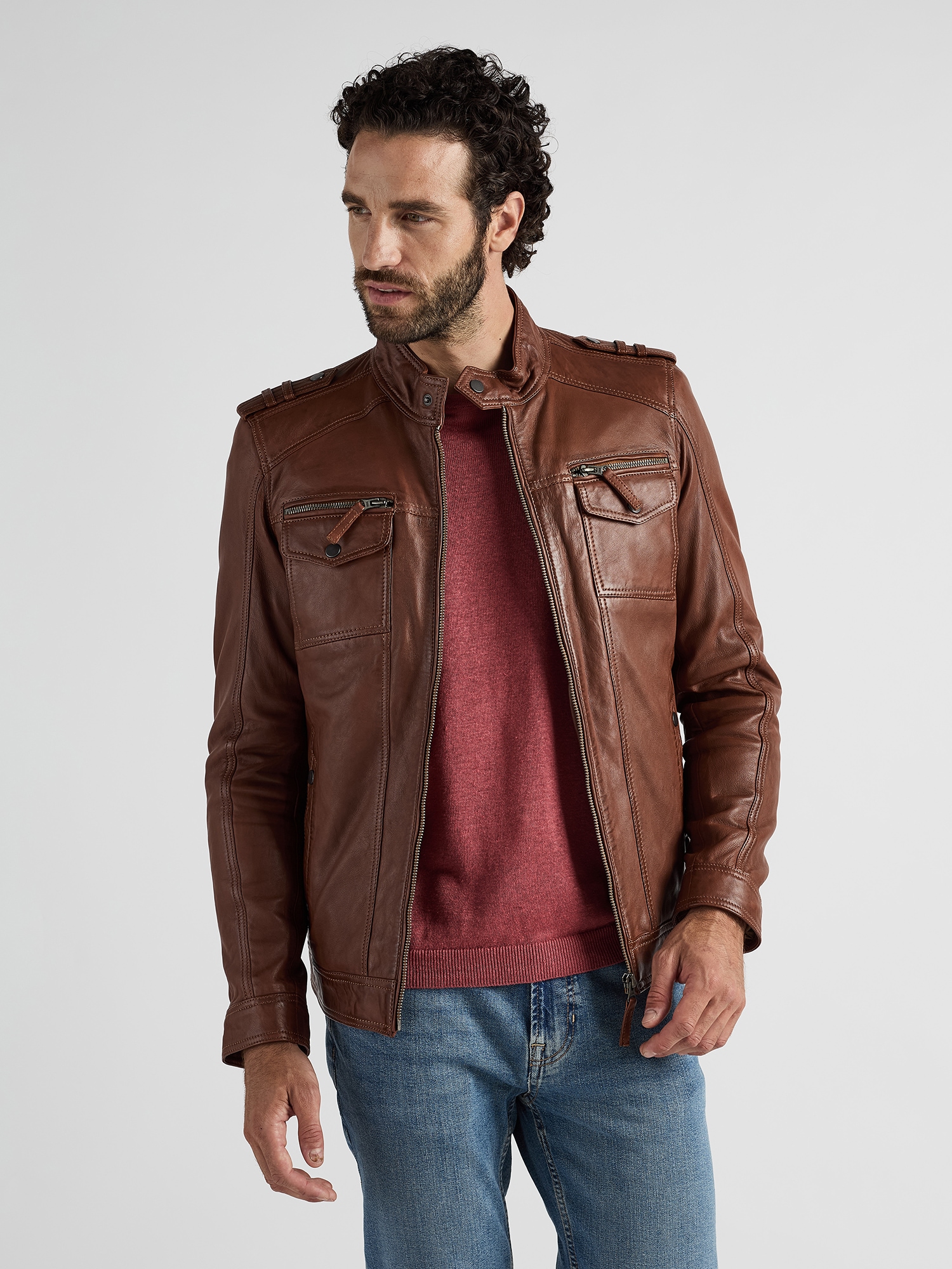 Bikerjacke JCC "1101019-2", Herren, Gr. M, braun (cognac), Obermaterial: 100% Leder Lamm; Futter: 50% Polyester, 50% Baumwolle; Ärmelfutter: 100% Polyester, Jacken