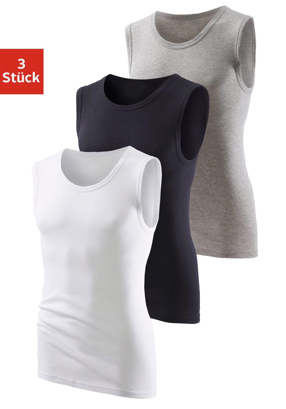 Muscleshirt H.I.S, Herren, Gr. 3, grau (grau, meliert, schwarz, weiß), Feinripp, Obermaterial: 100% Baumwolle. Melange in der Packung: 90% Baumwolle, 10% Viskose, unifarben, Basic, figurbetont normal, Rundhals, eingefasste Kante, Shirts, ohne... Image