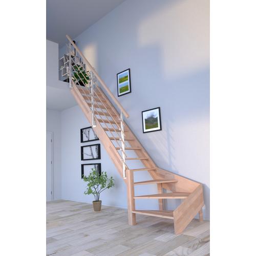 „STARWOOD Raumspartreppe „“Massivholz Rhodos, Design-Geländer Holzrundstäbe““ Treppen gewendelt Links, Durchgehende Wangenteile Gr. gewendelt, beige (natur) Treppen“