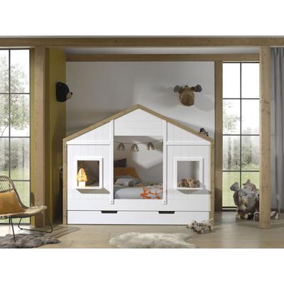 Hausbett VIPACK "Babs, mit Dachaufbau, Fenstern, Made in Europe, originelle Optik", braun (weiß, kiefer oak), B:97cm H:170cm L:210cm, Betten, Hochbett, inklusive Rolllattenrost und wahlweise mit Bettschublade Image