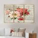 One Allium Way® Red Painted Flowers On Vintage Postcard III - 3 Piece Painting on Canvas Canvas, Wood in White | 20 H x 36 W x 1 D in | Wayfair