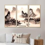 Loon Peak® Monochrome Chinese Water Landscape - Traditional Framed Canvas Wall Art Set Of 3 Metal in Black/White | 32 H x 48 W x 1 D in | Wayfair