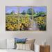 August Grove® Painted Sunflowers Field - Floral Framed Canvas Wall Art Set Of 3 Metal in Blue/Green/Yellow | 32 H x 48 W x 1 D in | Wayfair