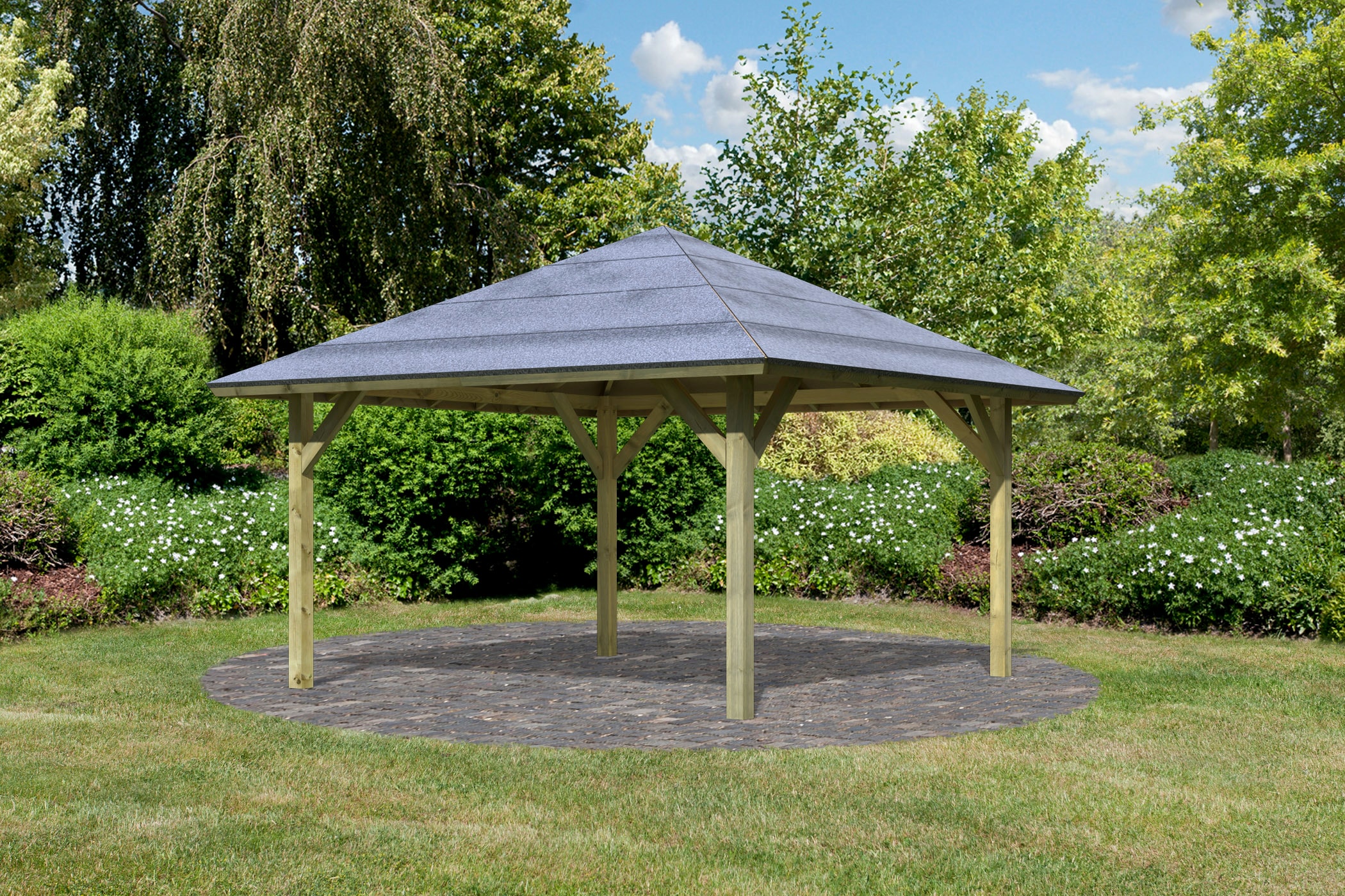 Pavillon KARIBU "Kirn1", grau, B/H/T: 431cm x 315cm x 431cm, Pavillons, BxTxH: 431x431x315 cm, mit H-Pfostenanker Image