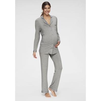 Umstandspyjama LASCANA, Damen, Gr. 44/46, grau, Single Jersey, Obermaterial: 95% Viskose, 5% Elasthan, meliert, klassisch, sehr bequem lang, V-Ausschnitt, Langarm eingesetzt Manschette, Homewear-Sets, mit Knopfleiste und Raffung an der Seitennaht Image
