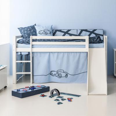 Hochbett HOPPEKIDS "«Cars»", weiß (weiß, dream blau, weiß, weiß), B:101cm H:9cm L:208cm, Bett: 100% Massivholz, Nordische Kiefer, Rutsche: MDF, Vorhang: 100% Baumwolle, Hochbetten, Hochbett, Rutsche & Vorhang Blau und viel Auswahl Image