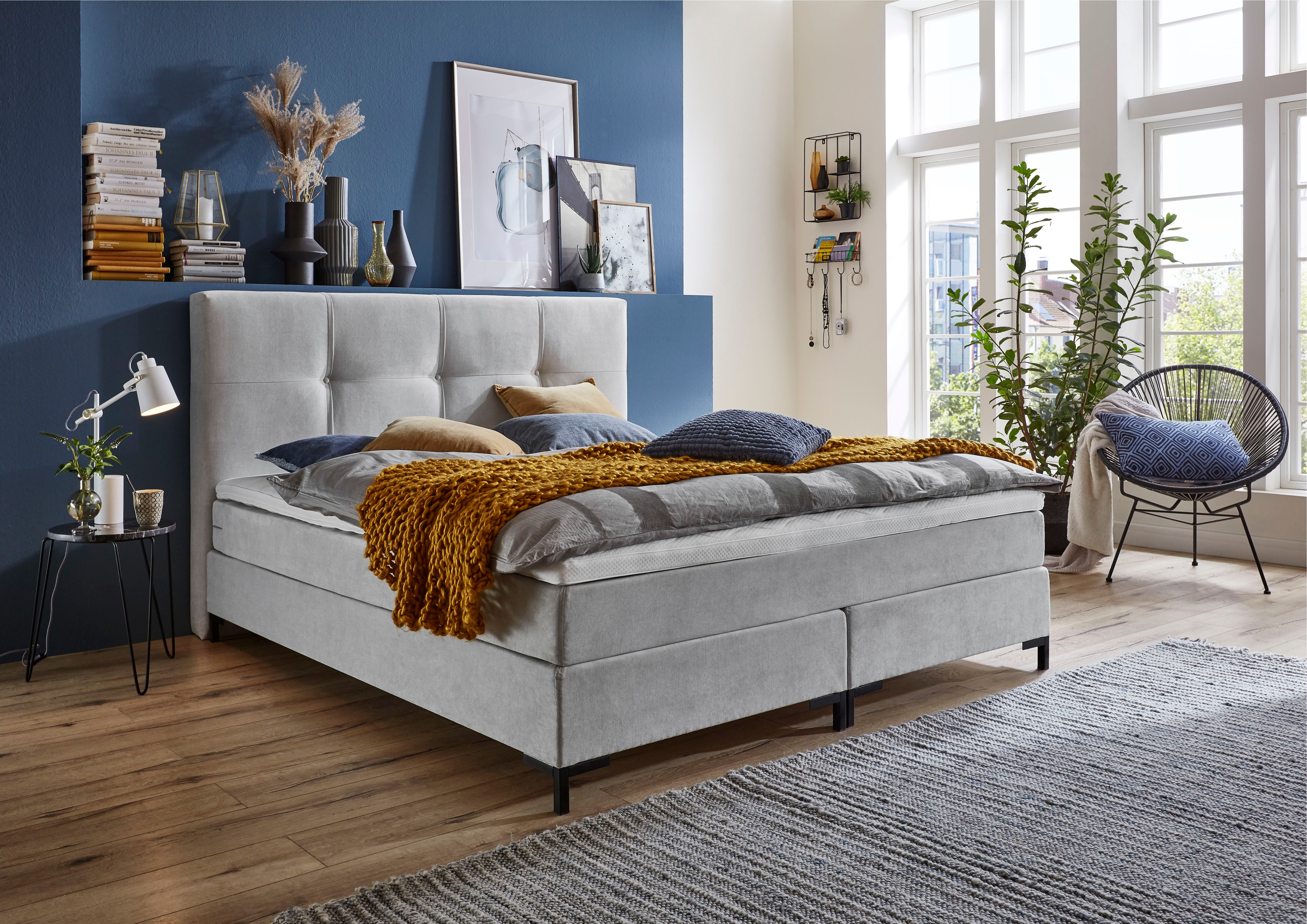 Boxspringbett "Romy", grau (hellgrau), B:165cm L:214cm, Bezug Bettbox und Obermatratze: Strukturstoff (90% Polyester, 10% Nylon);Topper: Jersey (100% Polyester), ATLANTIC HOME COLLECTION, Komplettbetten, Boxspringbett, Taschen-Federkernmatratze,...