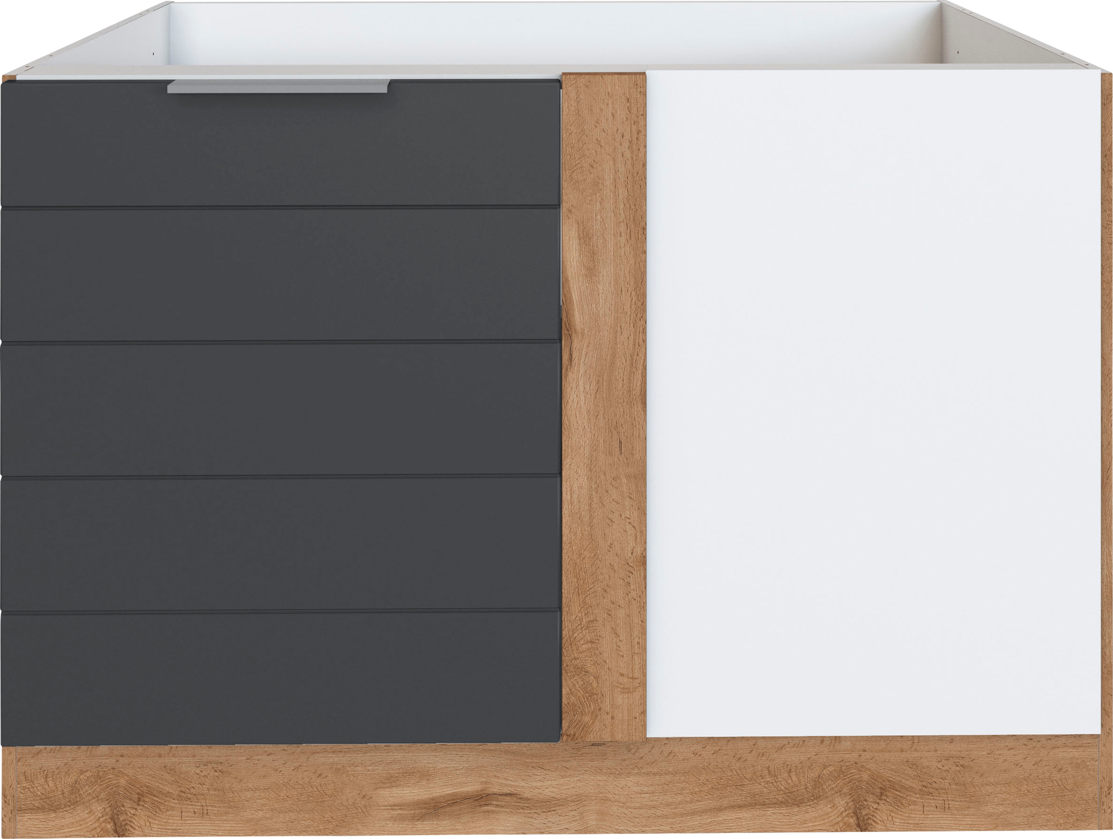 Eckunterschrank KOCHSTATION "KS-Luhe", grau (grau matt, wotaneichefarben), B:120cm H:82cm T:60cm, MDF, Schränke, Küchenunterschrank Eckschrank, 120 cm breit, hochwertige MDF-Fronten mit waagerechter Lisene