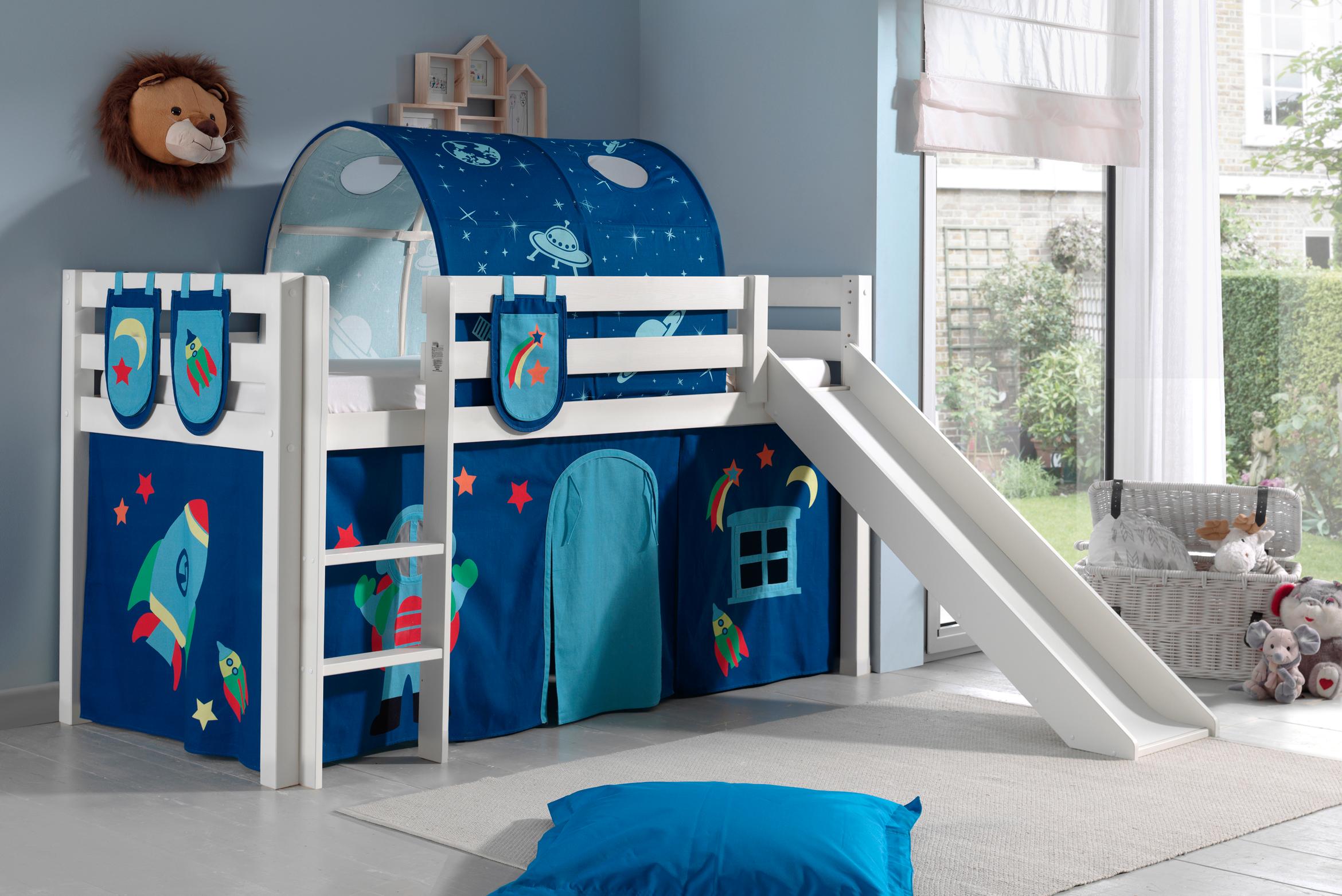 Hochbett VIPACK "Pino, Spielbett massiv Kiefer, stabil gebaut, 3 Korpusfarben zur Wahl", weiß (weiß lackiert, astronaut), B:218cm H:214cm L:210cm, Hochbetten, Hochbett, Textil-Set "Astronaut", inkl. Vorhang, mit oder ohne Tunnel