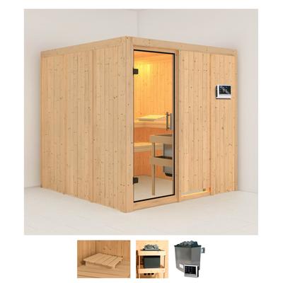 Sauna KARIBU "Rodin", beige (naturbelassen), Saunaofen, externe Steuerung, 9 kW, Saunen, 9-kW-Ofen mit externer Steuerung
