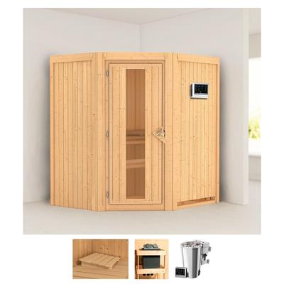 Sauna KARIBU "Tomke", beige (naturbelassen), Bio-Kombiofen, externe Steuerung, 3,6 kW, Saunen, 3,6-kW-Bio-Plug & Play Ofen mit externer Steuerung