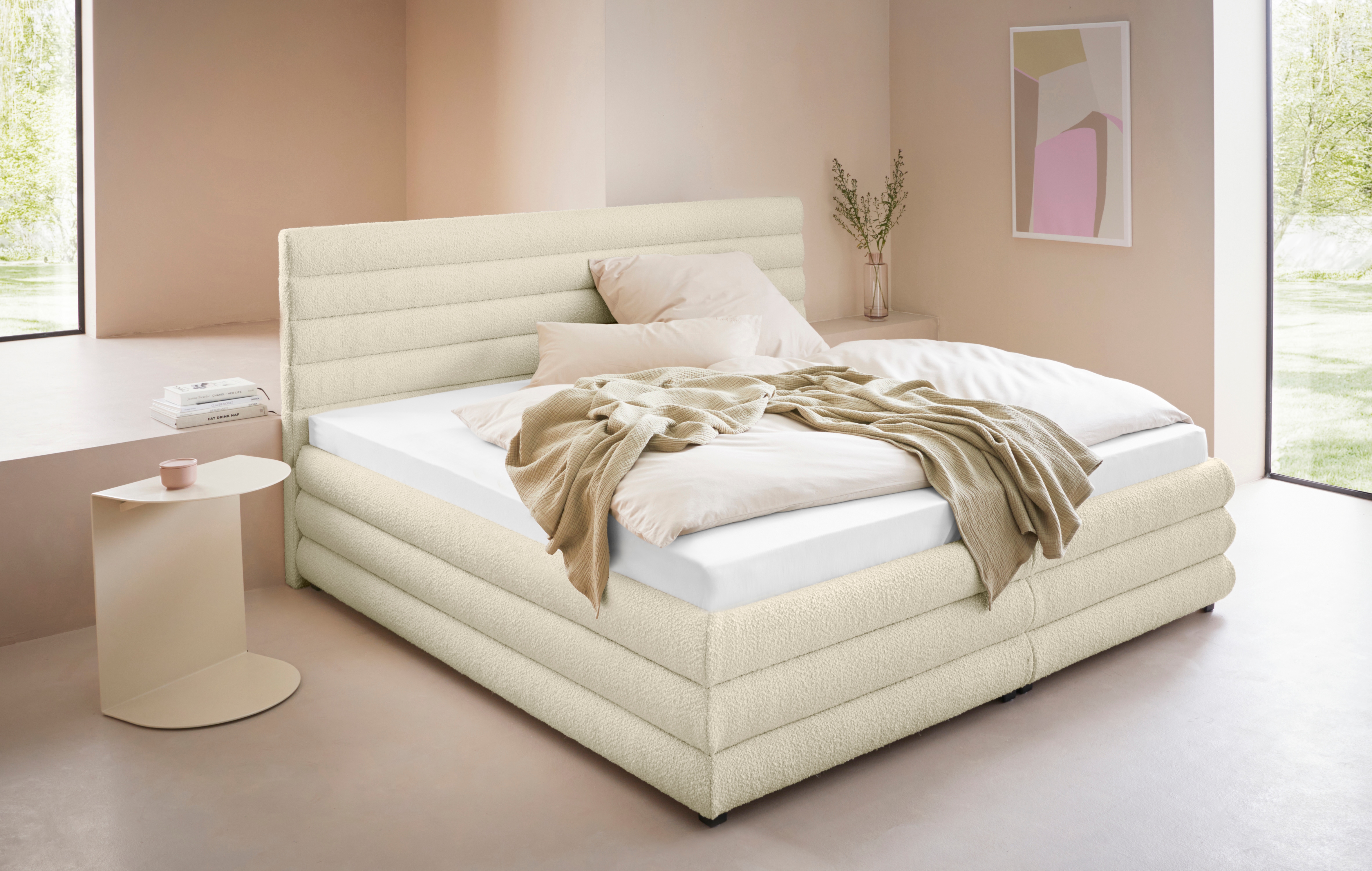 Polsterbett "Maylis Bouclé", beige (creme), B:212cm L:211cm, 95% Polyester, 5% Polyarcyl, LEGER HOME BY LENA GERCKE, Betten, Polsterbett ohne Bettkasten Polsterbett, wahlweise mit und ohne Matratze und Lattenrost, auch in 200cm Breite Image