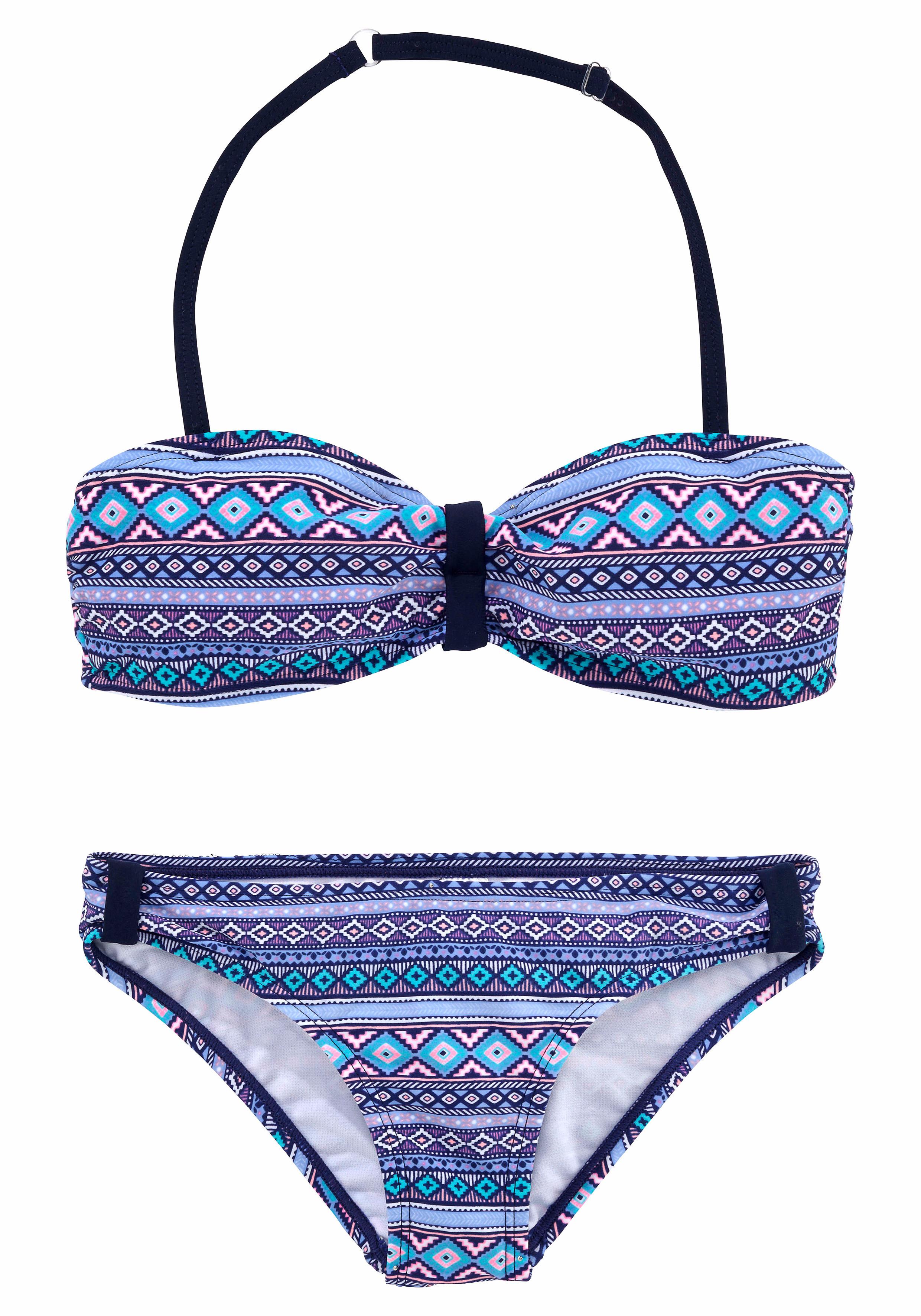 Bandeau-Bikini S.OLIVER, Kinder, Gr. 134/140, N-Gr, blau (blau, bedruckt), Polyamid, Rautenmuster, gemustert, Bikini-Sets, mit grafischem Druck Image