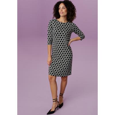 Jerseykleid ANISTON SELECTED, Damen, Gr. 42, N-Gr, schwarz-weiß (schwarz, sanftes weiß), Jersey, Sweatware, Obermaterial: 65% Polyester, 32% Viskose, 3% Elasthan, Jacquardmuster, elegant, figurumspielend kniefrei, Rundhals, 3/4-Ärmel, Kleider, mit... Image