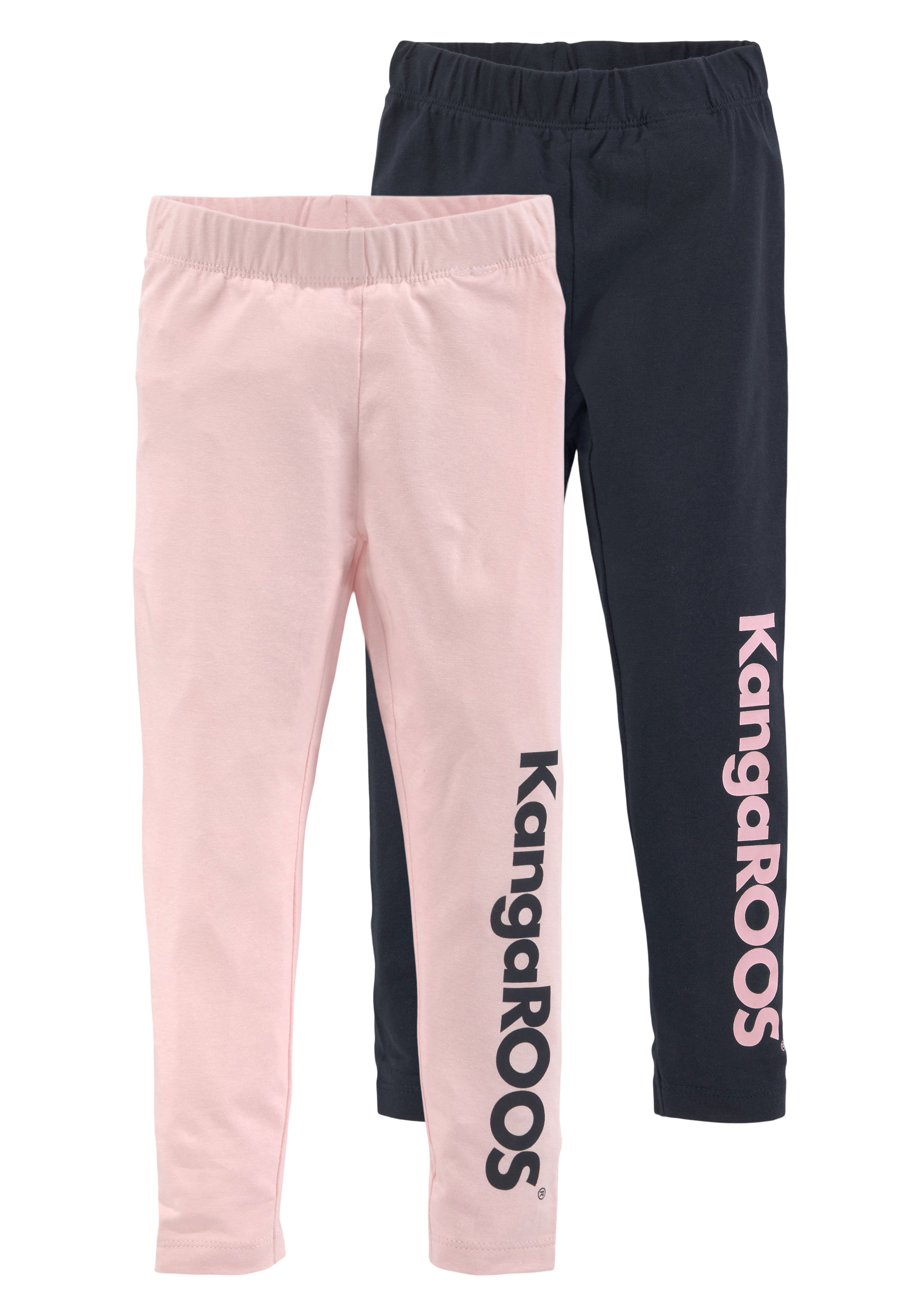 Leggings KANGAROOS "2er Pack Leggings mit Kangaroos Schriftzug", Mädchen, Gr. 104/110, N-Gr, blau (marine, rosa), Jersey, Obermaterial: 95% Baumwolle, 5% Elasthan, bedruckt, mehrfarbig, schmal lang, Hosen Leggings, Für kleine Mädchen