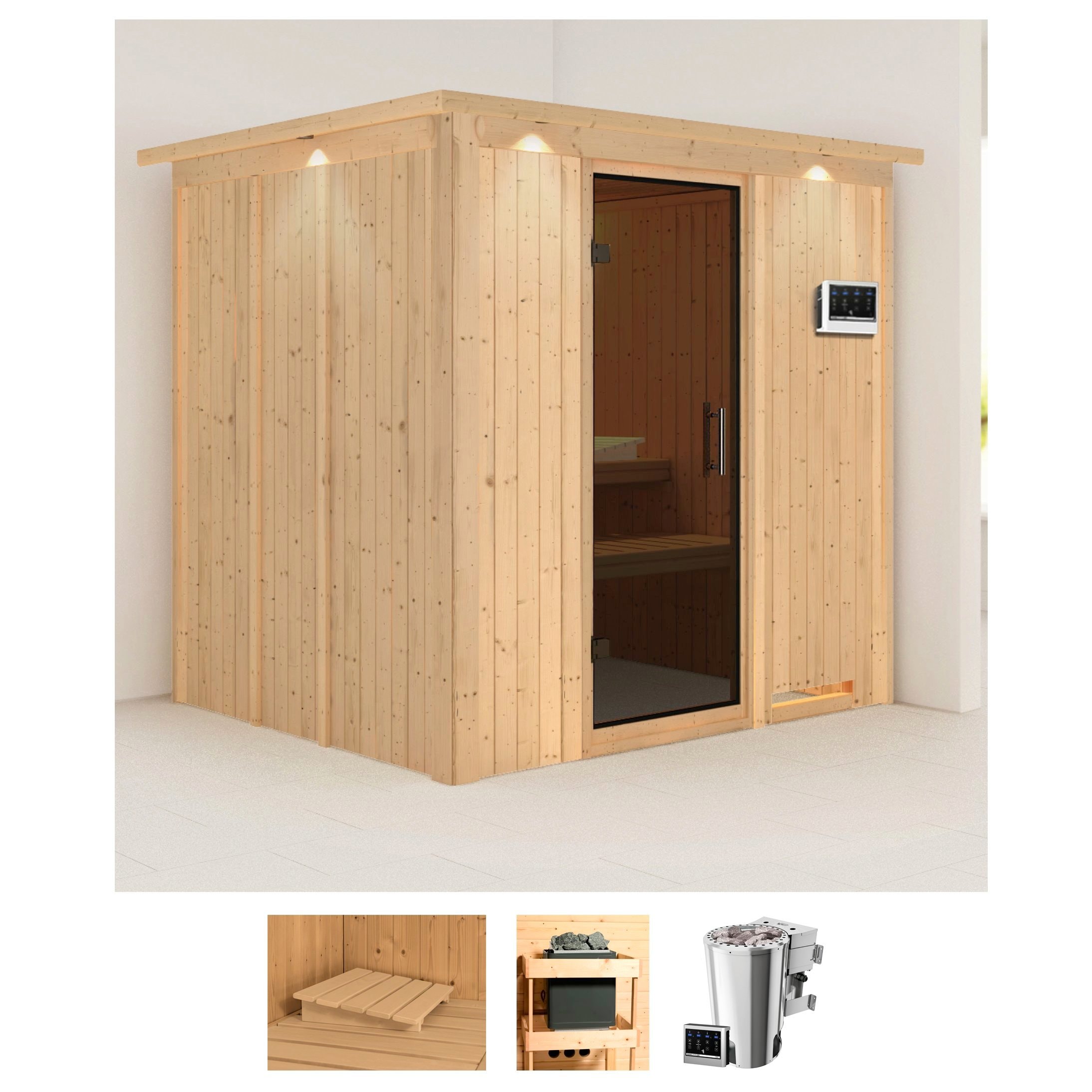 Sauna KARIBU "Dima", beige (naturbelassen), Bio-Kombiofen, externe Steuerung, 3,6, Saunen, 3,6-kW-Bio-Plug & Play Ofen mit externer Steuerung Image