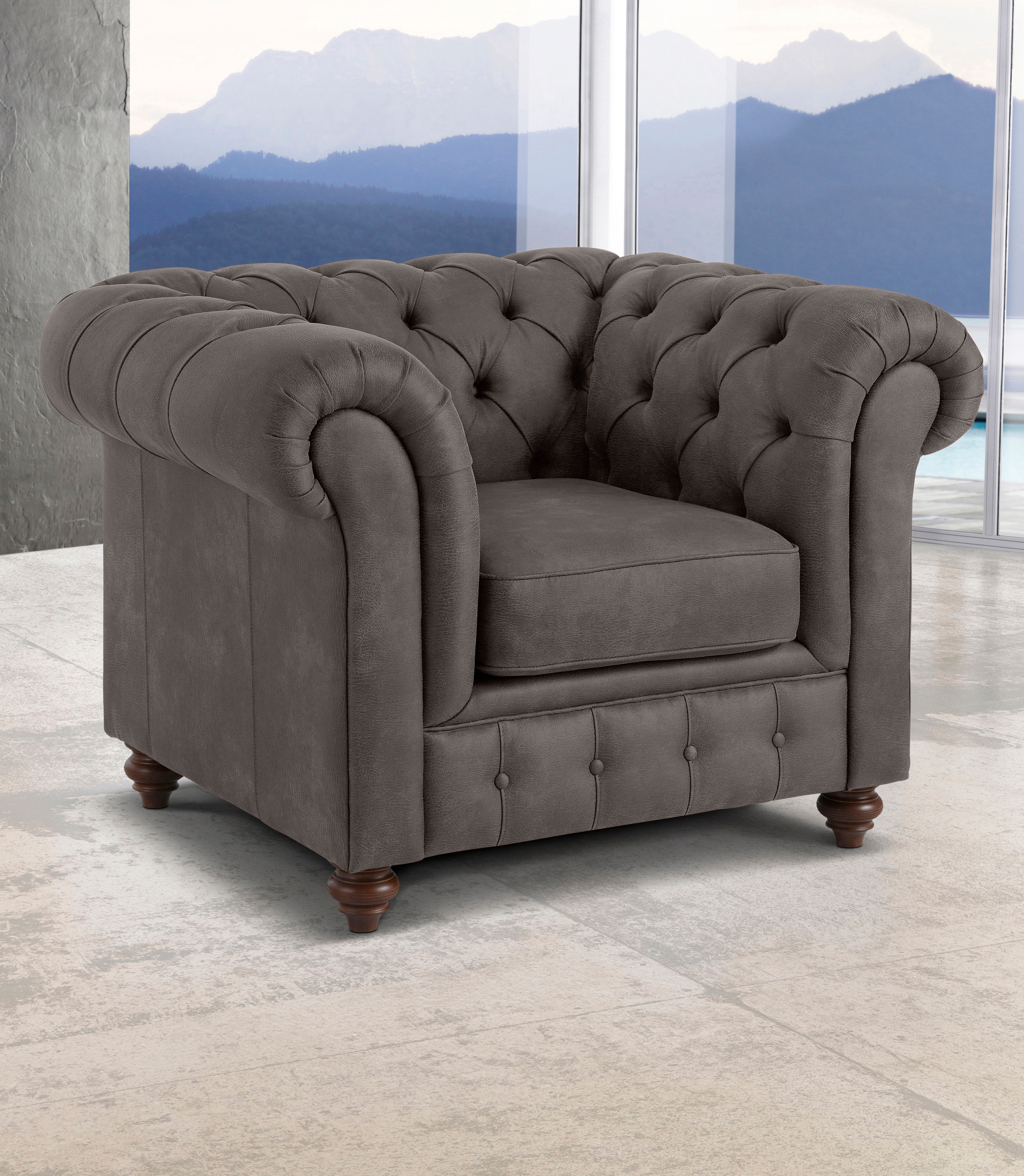 Sessel HOME AFFAIRE "Chesterfield B/T/H: 105/69/74 cm", braun (dunkelbraun), B:105cm H:74cm T:89cm, Luxus-Microfaser (94% Polyester, 5% Nylon, 1% Spandex);Luxus-Microfaser Snake (100% Polyester);Microfaser Antiklederoptik (100% Polyester);NaturLEDER...
