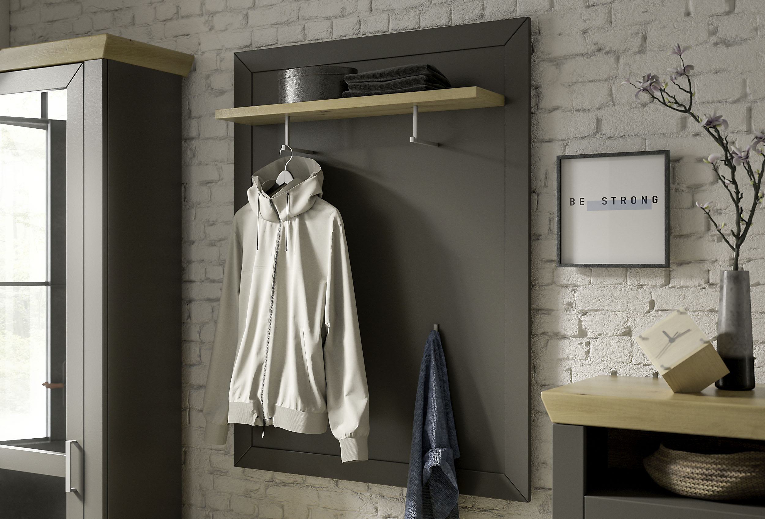 Garderobenpaneel "GA 11", grau (grau anthrazit, eiche artisan), B:100cm H:130cm T:26,6cm, Spanplatte, SET ONE BY MUSTERRING, Garderobenpaneele, Garderobenpaneel