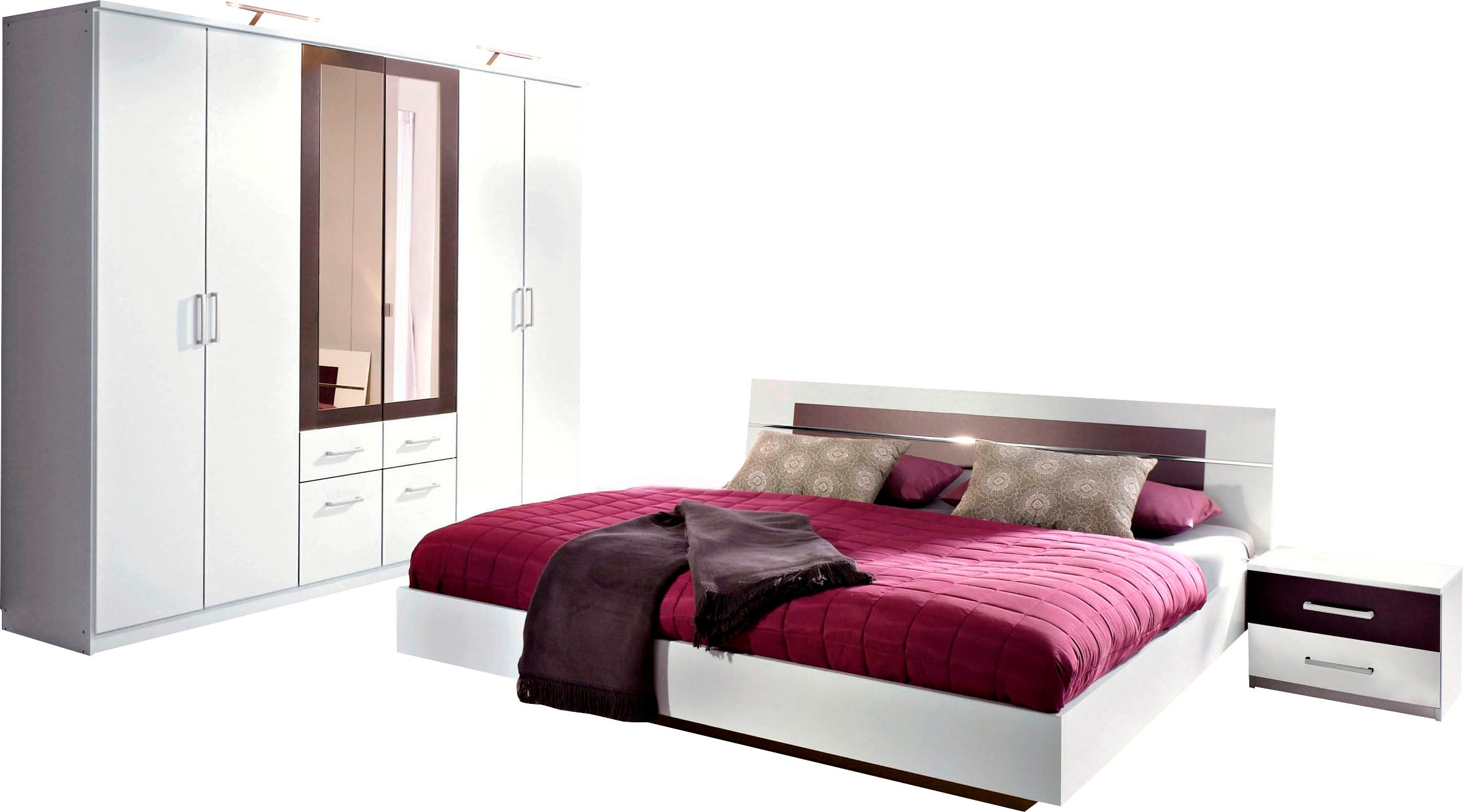 Schlafzimmer-Set RAUCH "Komplettschlafzimmer Schlafzimmer BURANO mit Schrank in 3 Breiten", weiß (alpinweiß, graumetallic), mit Schrank 4-trg. + ohne Matratze, B/H: 180cm x 200cm,mit Schrank 4-trg., Holzwerkstoff, Schlafzimmermöbel-Sets, Bett... Image
