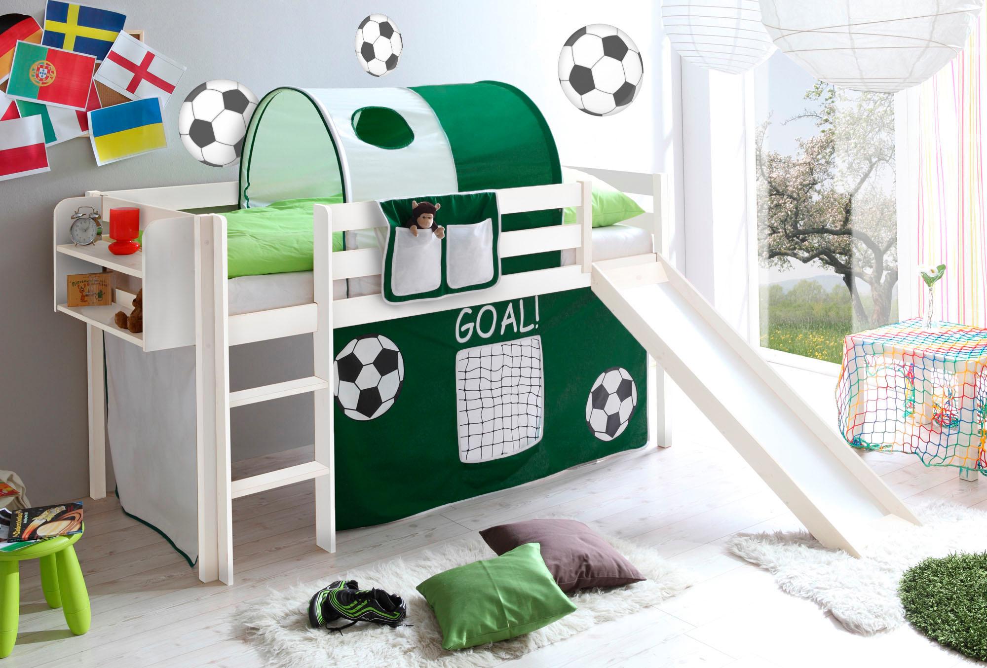 Hochbett TICAA "Manuel", grün (kiefer massiv weiß, fußball), B:217cm H:114cm L:205cm, Hochbetten, Hochbett, mit Rollrost in verschied. Ausführungen wahlweise mit Matratze, weiß