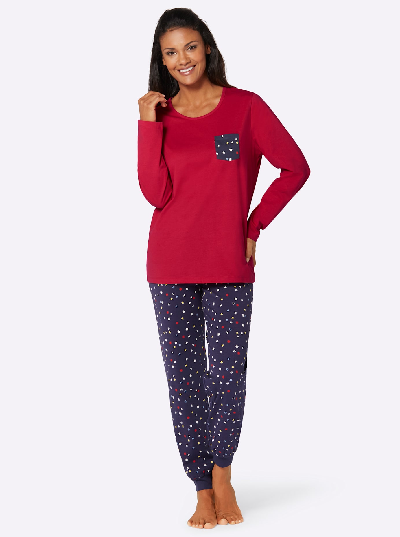 Schlafanzug WÄSCHEPUR, Damen, Gr. 36/38, rot (rot, marine), 100% Baumwolle, Homewear-Sets Schlafanzug Image