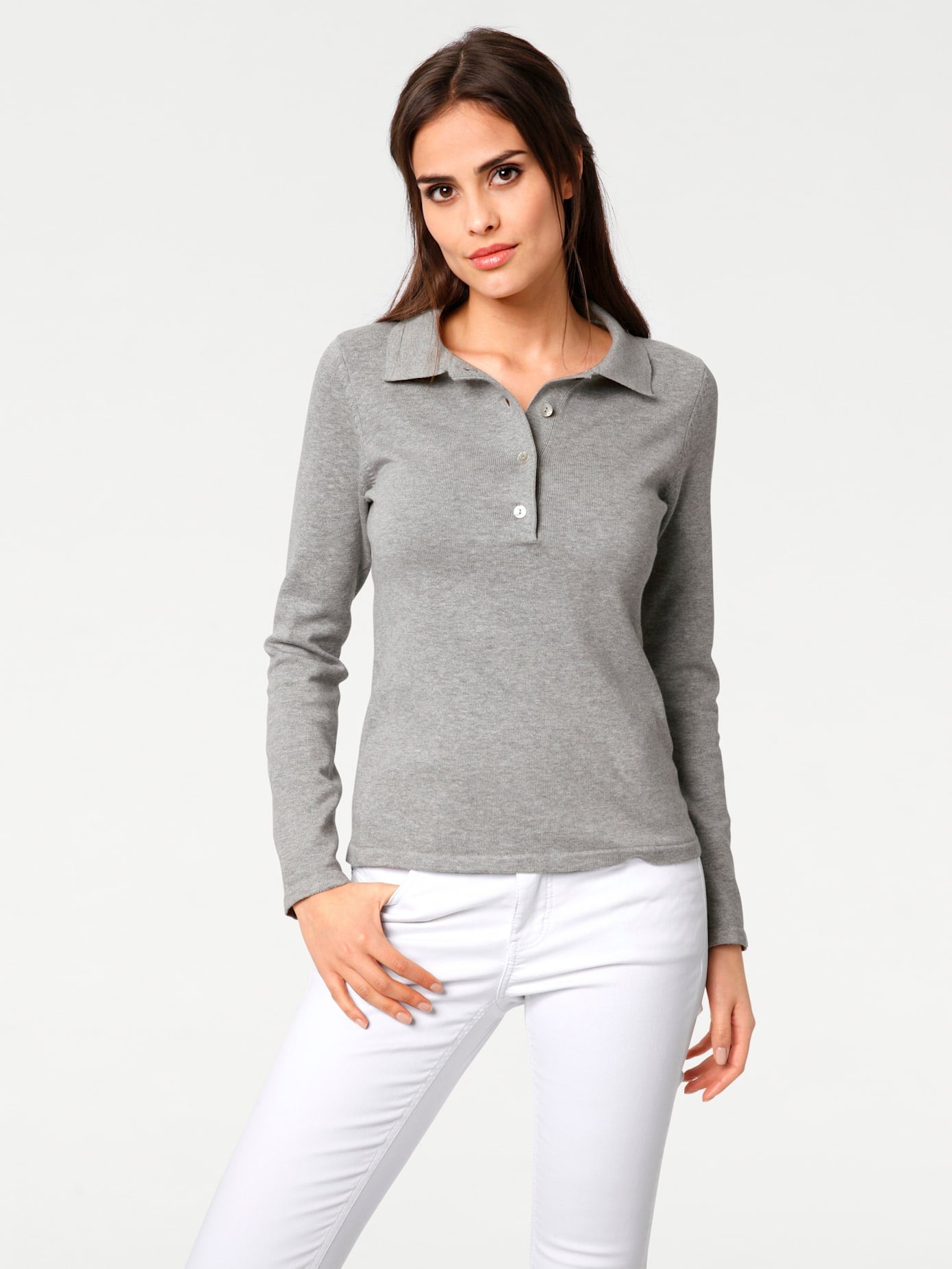 Polokragenpullover "Polopullover", Damen, Gr. 40, grau (grau, melange), 100% Baumwolle, B.C. BEST CONNECTIONS BY HEINE, unifarben, Pullover