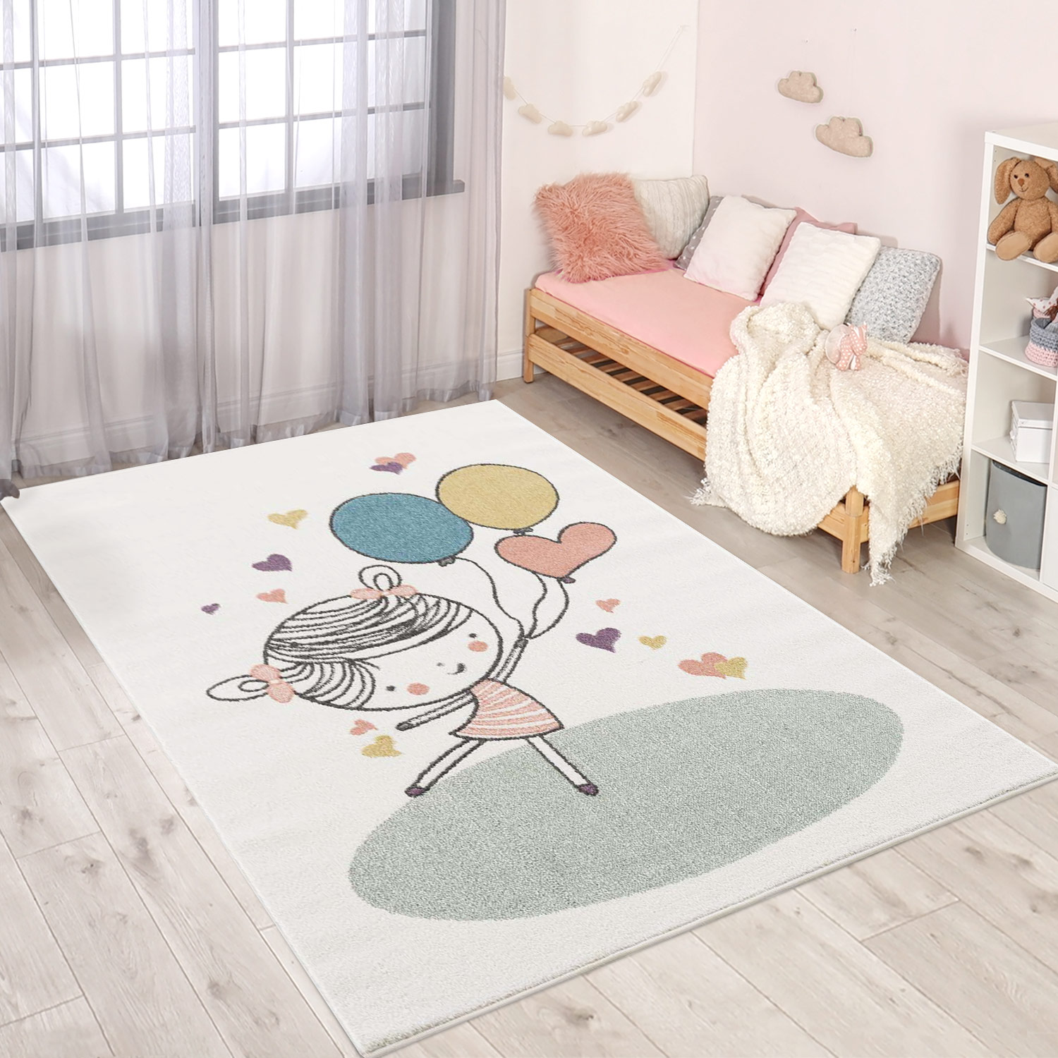 Kinderteppich CARPET CITY "Anime9393", beige (creme), B:120cm H:11mm L:160cm, Polypropylen (PP), Teppiche, Spielteppich, Spielteppich, Mädchen, Herzen, Ballon, Weicher Flor, Pflegeleicht