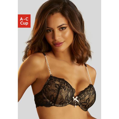 Push-up-BH LASCANA Gr. 75, Cup C, beige (schwarz, creme) Damen BHs BH Bügel-BH Hochzeitsdessous Hochzeitswäsche Push-up-BH Spitzen-BH Spitzenwäsche Spitzen-BHs mit femininen Perlendetails, sexy Dessous