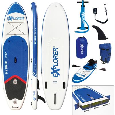 Inflatable SUP-Board EXPLORER "Hybrid 10.6 Doppelkammer Komplettset" Wassersportboards Gr. 320 x 84 x 15cm 320 cm, blau (blau, weiß) Stand Up Paddle