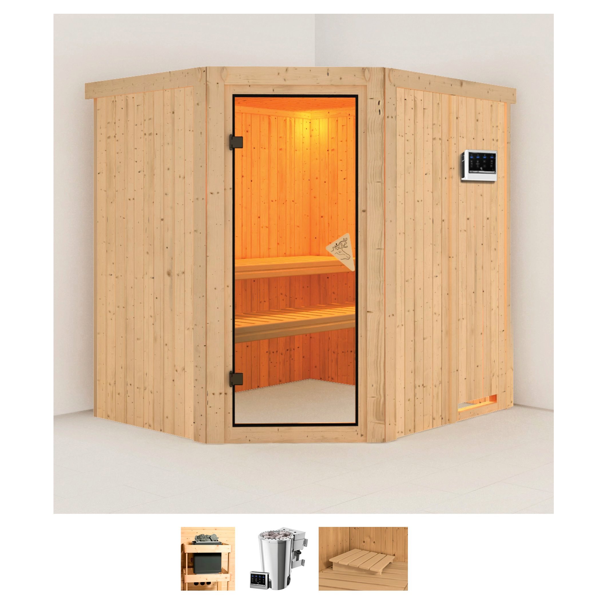 Sauna KARIBU "Laila", beige (naturbelassen), Bio-Kombiofen, externe Steuerung, 3,6 kW, Saunen, 3,6-kW-Bio-Plug & Play Ofen mit externer Steuerung Image