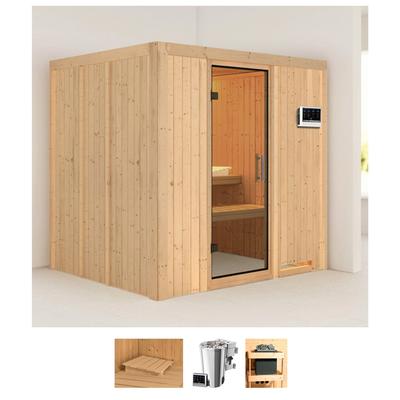 Sauna KARIBU "Dima", beige (naturbelassen), Bio-Kombiofen, externe Steuerung, 3,6 kW, Saunen, 3,6-kW-Bio-Plug & Play Ofen mit externer Steuerung