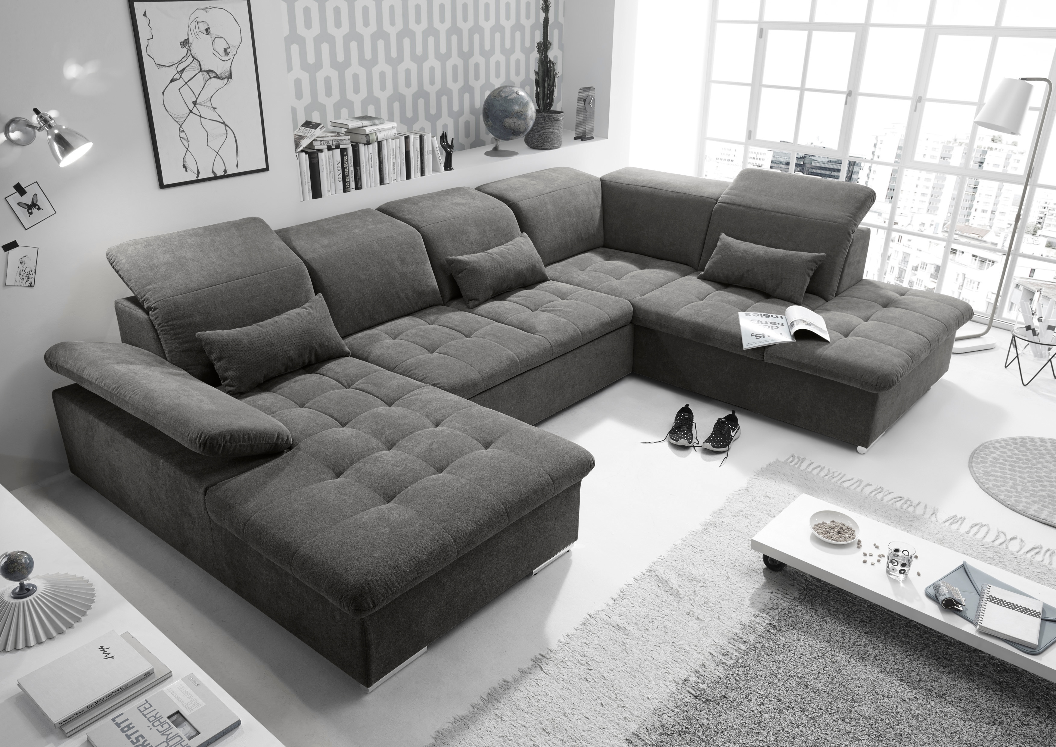 Wohnlandschaft ED EXCITING DESIGN "Wayne U-Form mit Bettfunktion, Bettkasten", grau (stone, uran 09 stone), B:340cm H:104cm T:240cm, 95% Polyester, 5% Nylon, Sofas, Wohnlandschaft, Arm- und Kopfteilverstellung & 3 Nierenkissen
