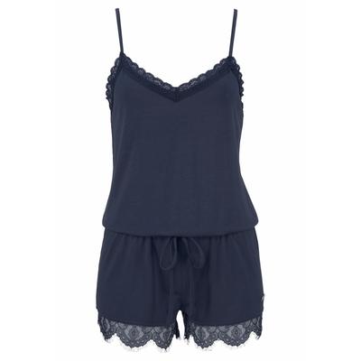 Playsuit LASCANA, Damen, Gr. 44, N-Gr, blau, Single Jersey, Obermaterial: 66% Polyester, 29% Viskose, 5% Elasthan, elegant, figurumspielend kurz, V-Ausschnitt, ohne Ärmel, Overalls, mit Spitzensaum