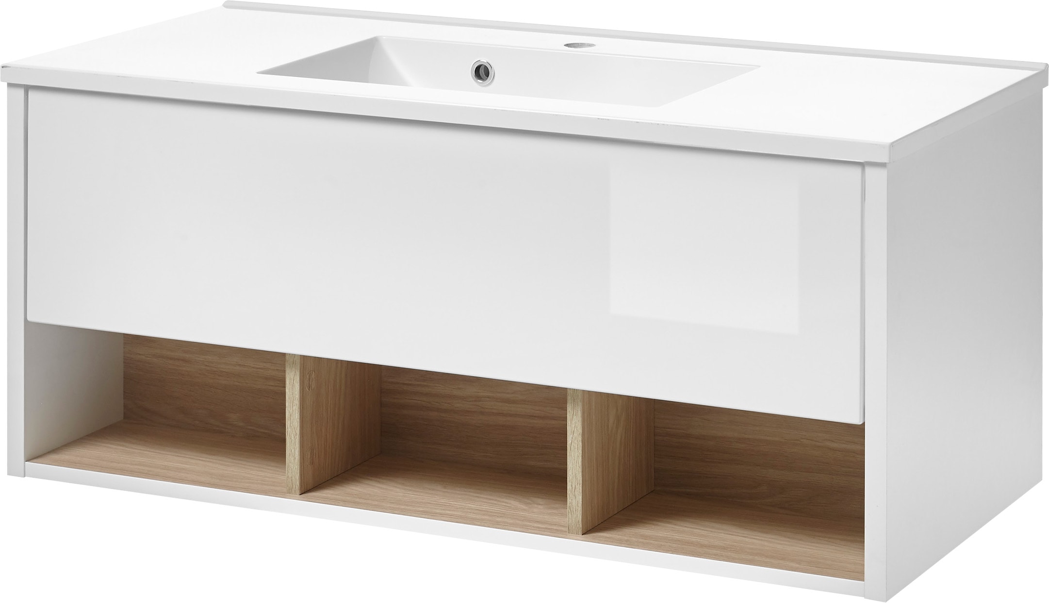 Waschtisch PLACES OF STYLE "Studio Line, Waschtisch inkl. Waschbecken, modernes Design", weiß (weiß eiche), B:100cm T:47cm, FSC-zertifizierter Holzwerkstoff, Waschtische, Waschtisch, in zwei Farben verfügbar, ausreichend Stauraum