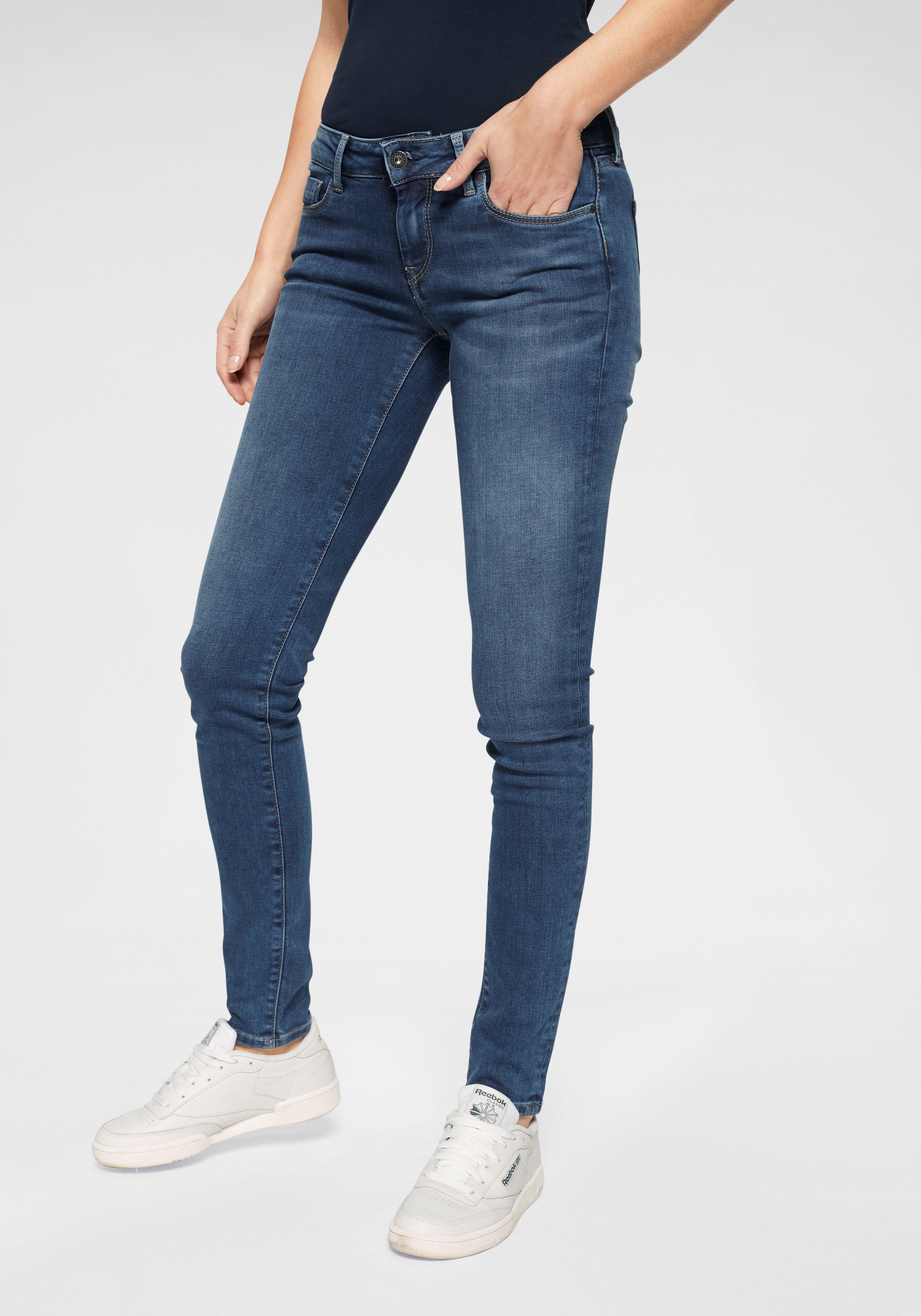 Skinny-fit-Jeans PEPE JEANS "SOHO", Damen, Gr. 29, Länge 32, blau (z63 classic stretch), Denim/Jeans, Obermaterial: 84% Baumwolle, 14% Polyester, 2% Elasthan, skinny fit lang, Jeans, im 5-Pocket-Stil mit 1-Knopf Bund und Stretch-Anteil
