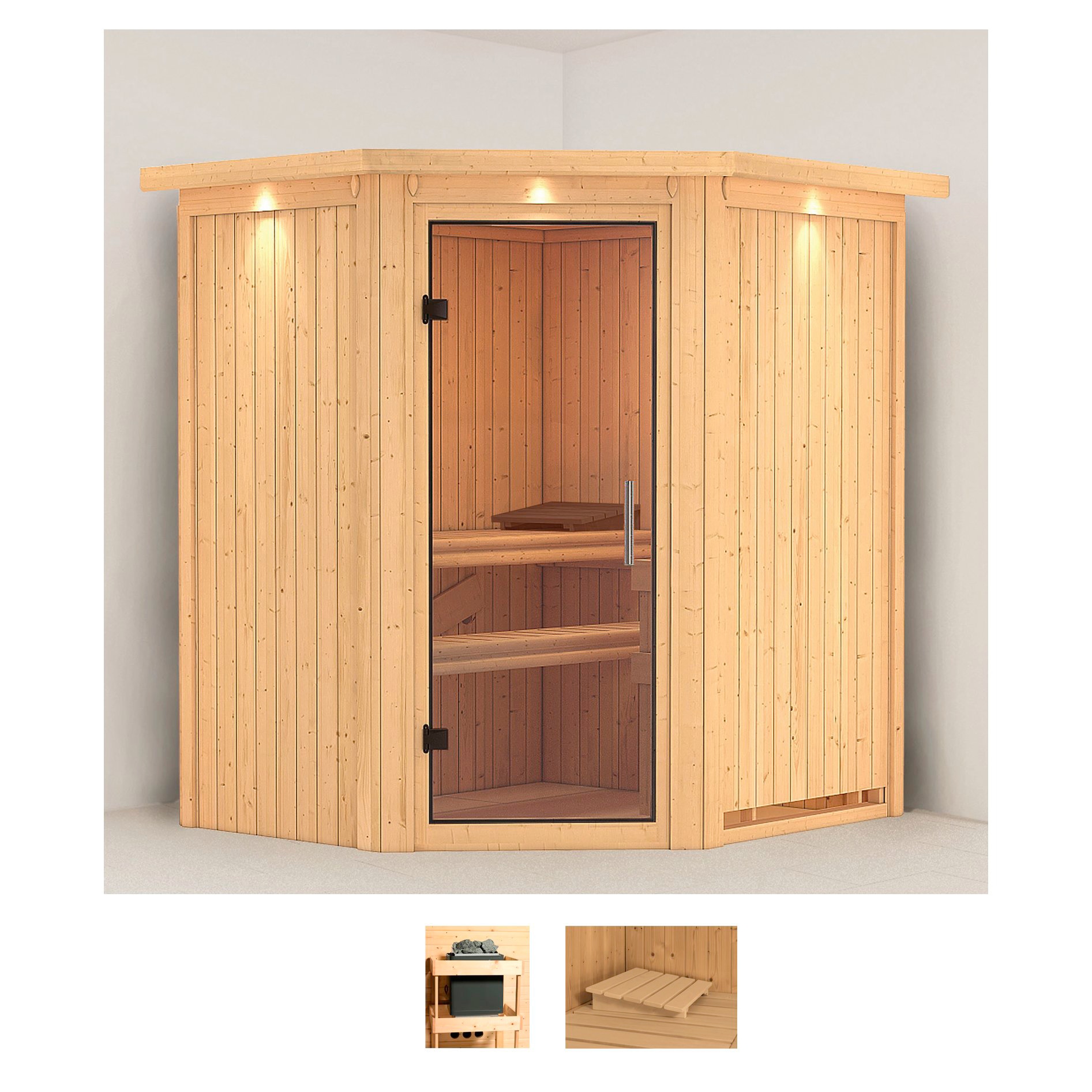 Sauna KARIBU "Tomke", beige (naturbelassen), ohne Ofen, (ohne Ofen), Saunen, ohne Ofen Image